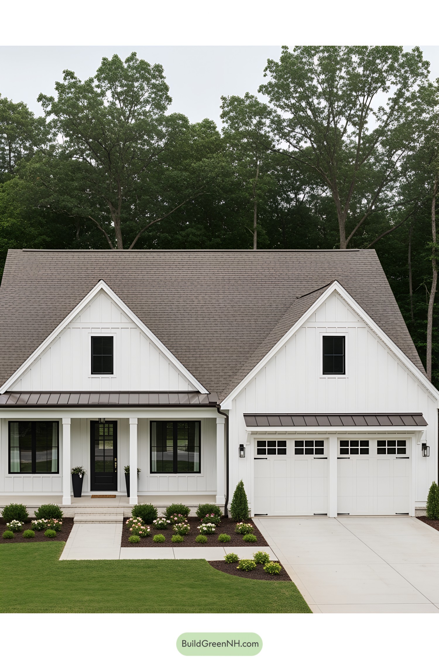 Cottage ranch house with white siding and a lush green lawn