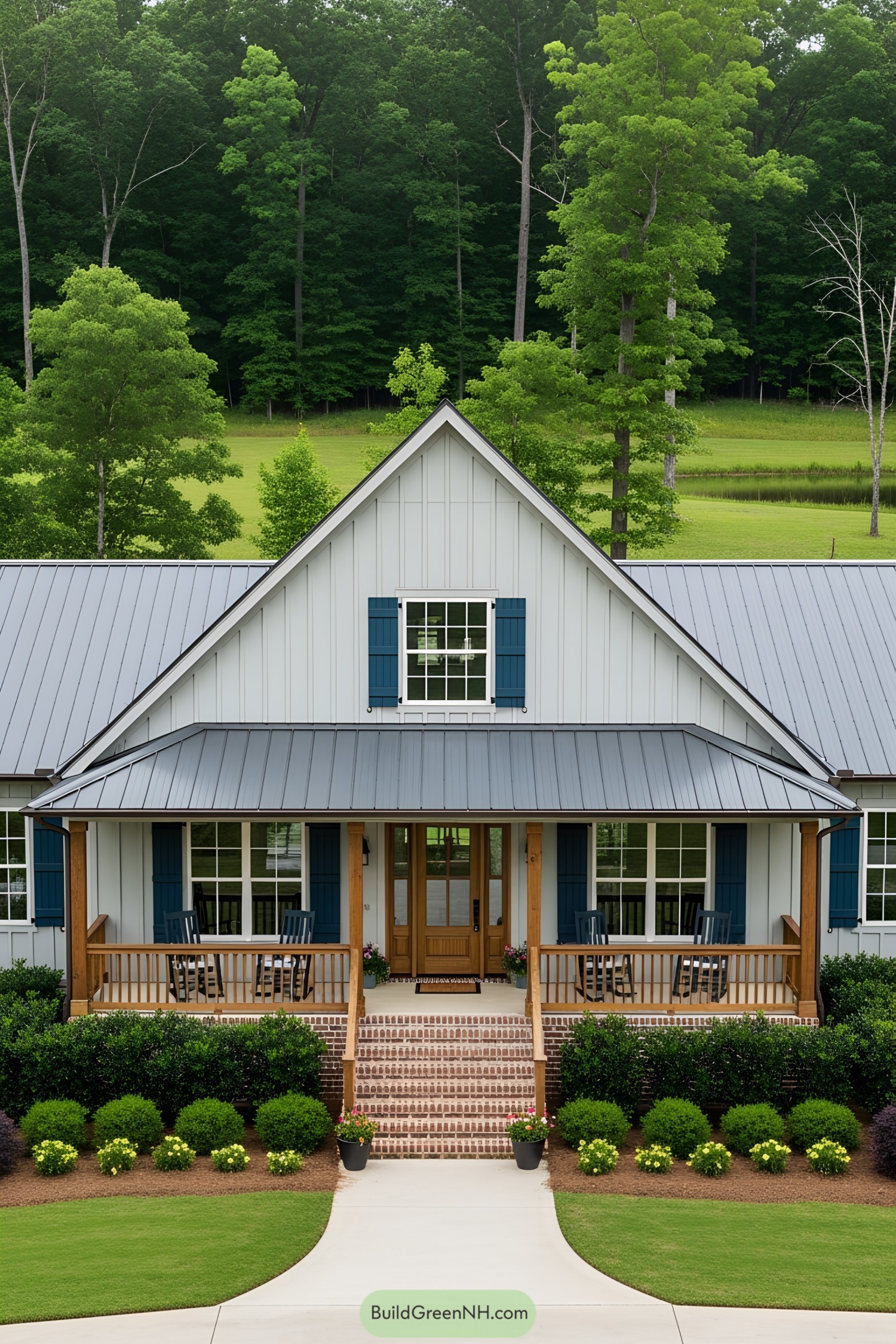 Cottage ranch with blue shutters and lush surroundings