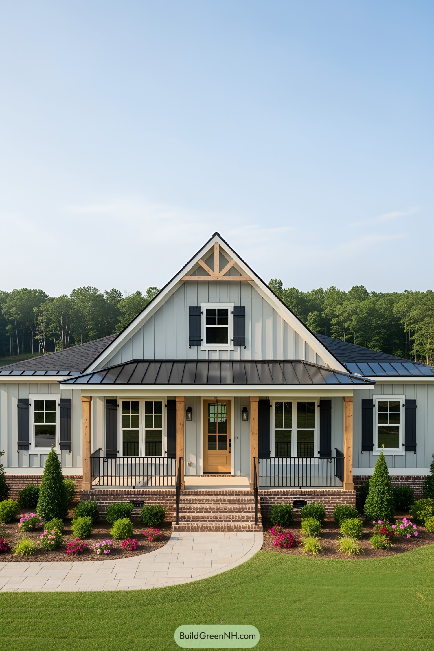 Gray cottage ranch with a front porch and garden