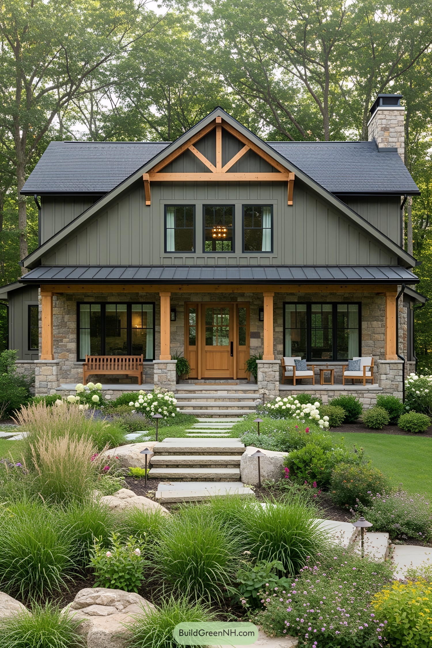 Charming cottage ranch home with stone accents and lush garden