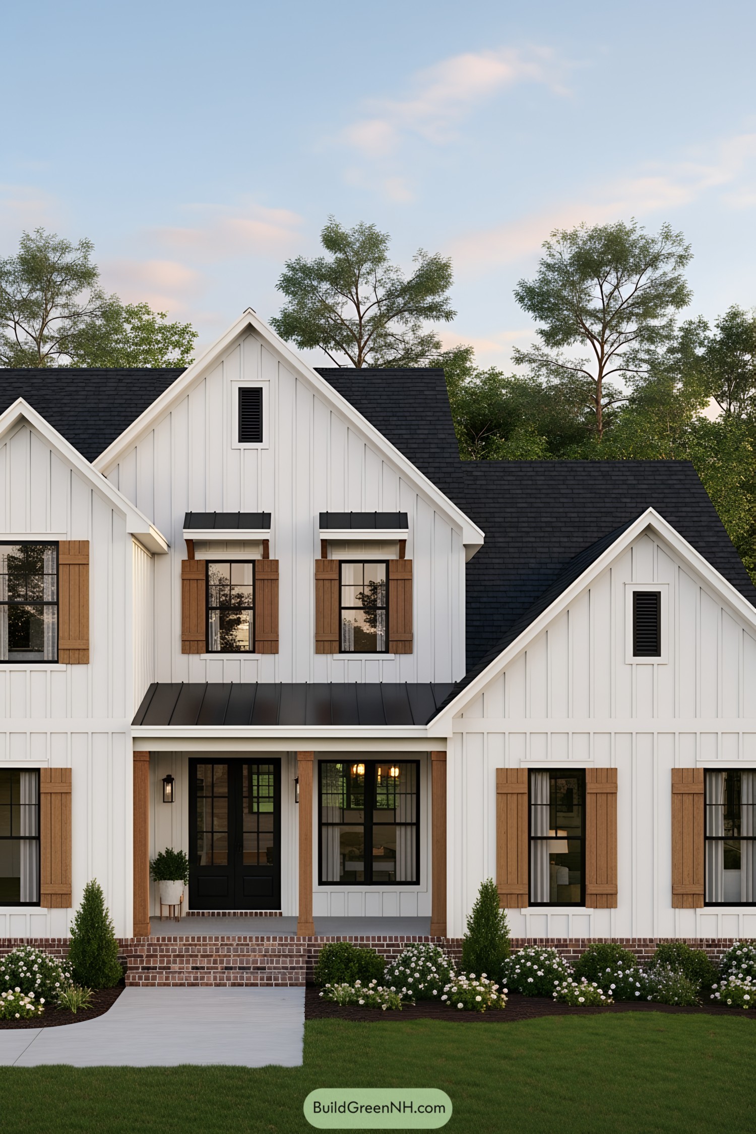 White cottage ranch house with wooden shutters and brick groundwork