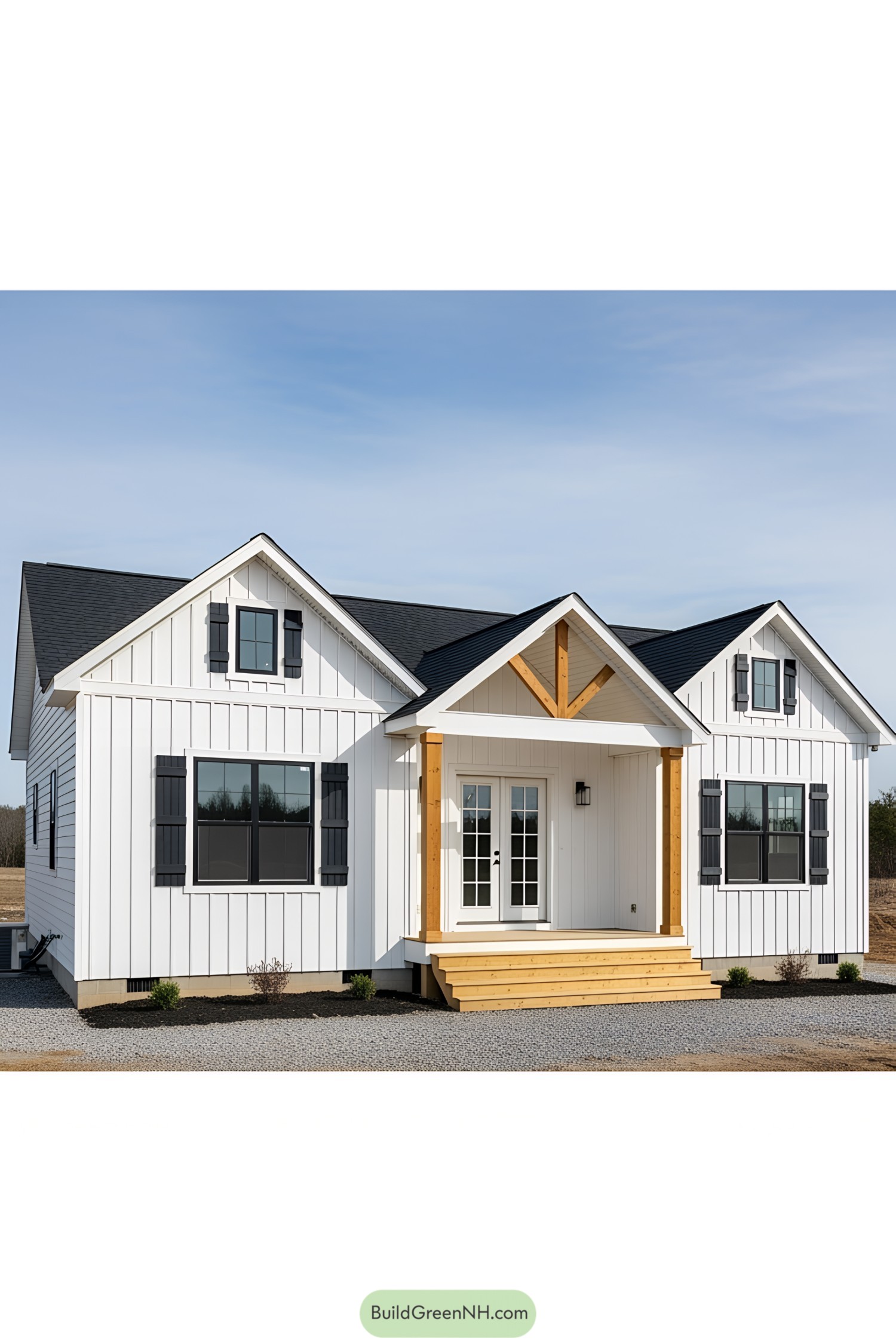 White cottage ranch with black accents and wood trim