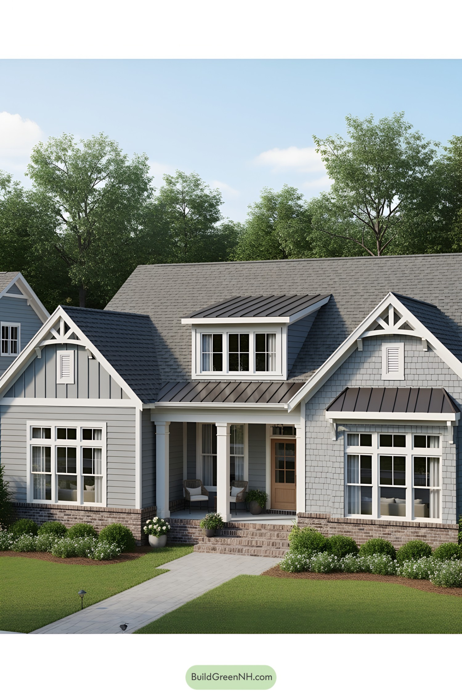 Charming cottage-style home with a sleek porch and lush green surroundings