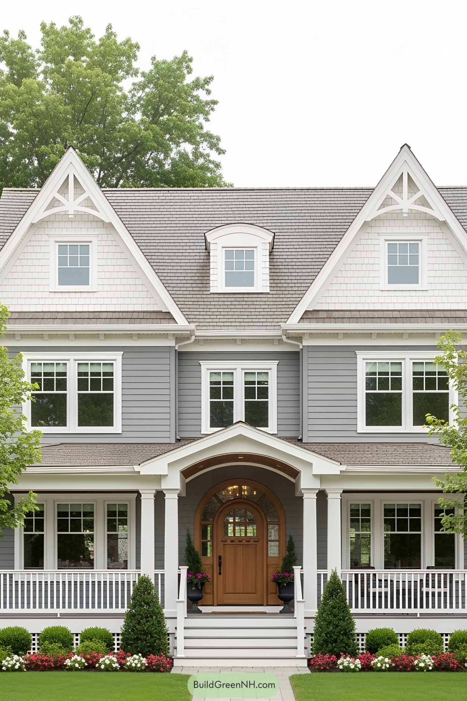 Gray suburban house with white details and front porch