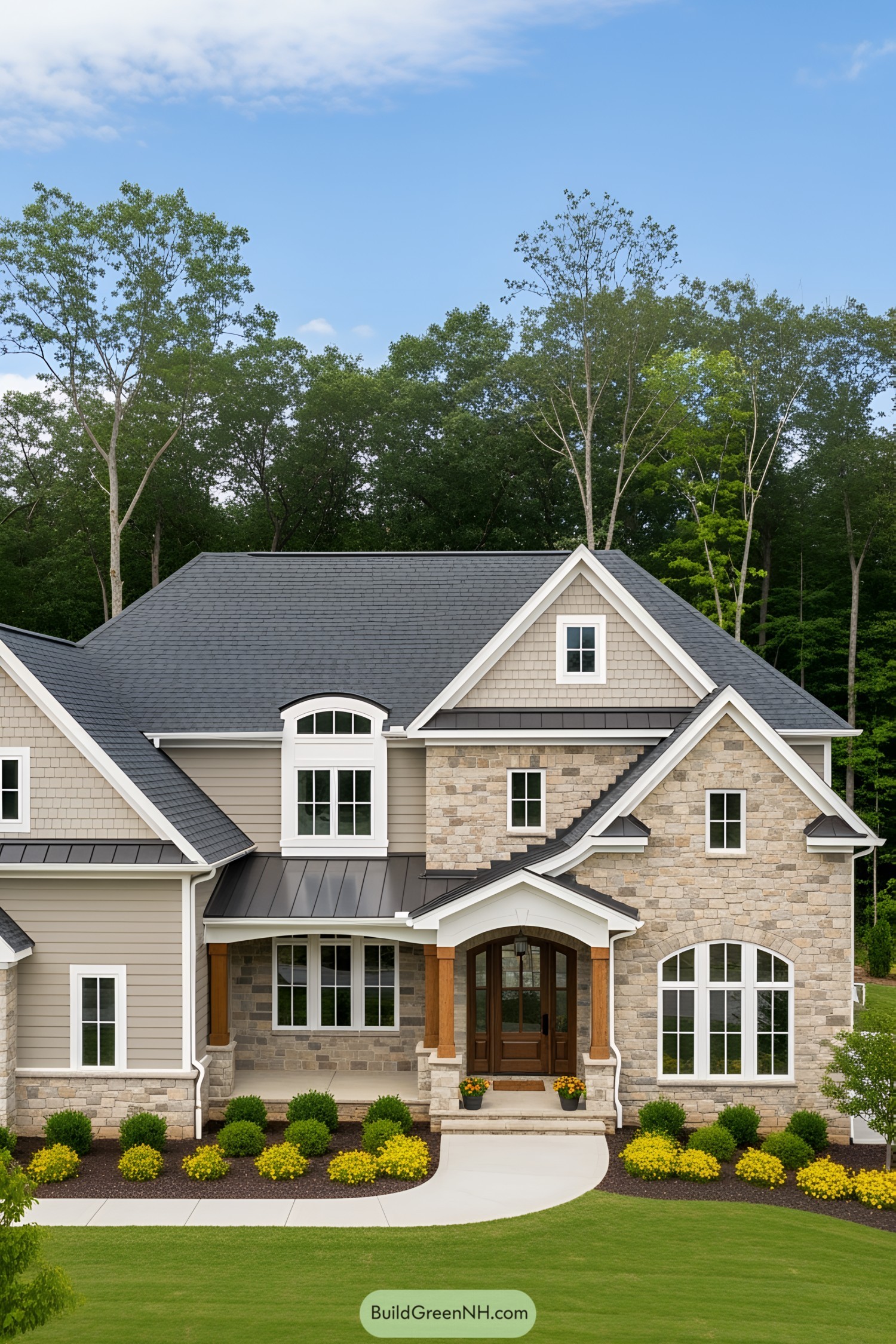 Charming suburban house with stone facade and manicured lawn