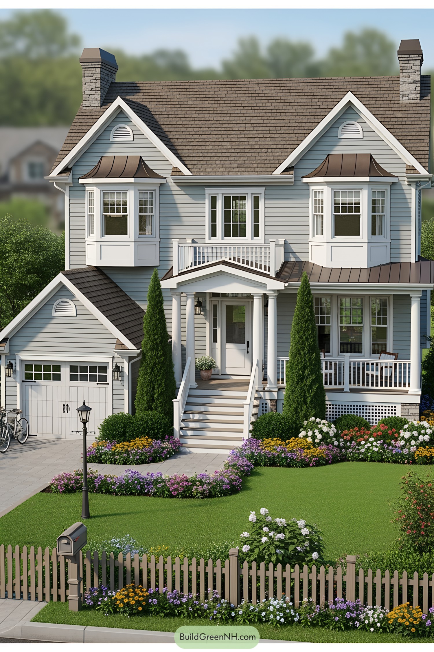 Charming gray suburban house with lush garden and picket fence