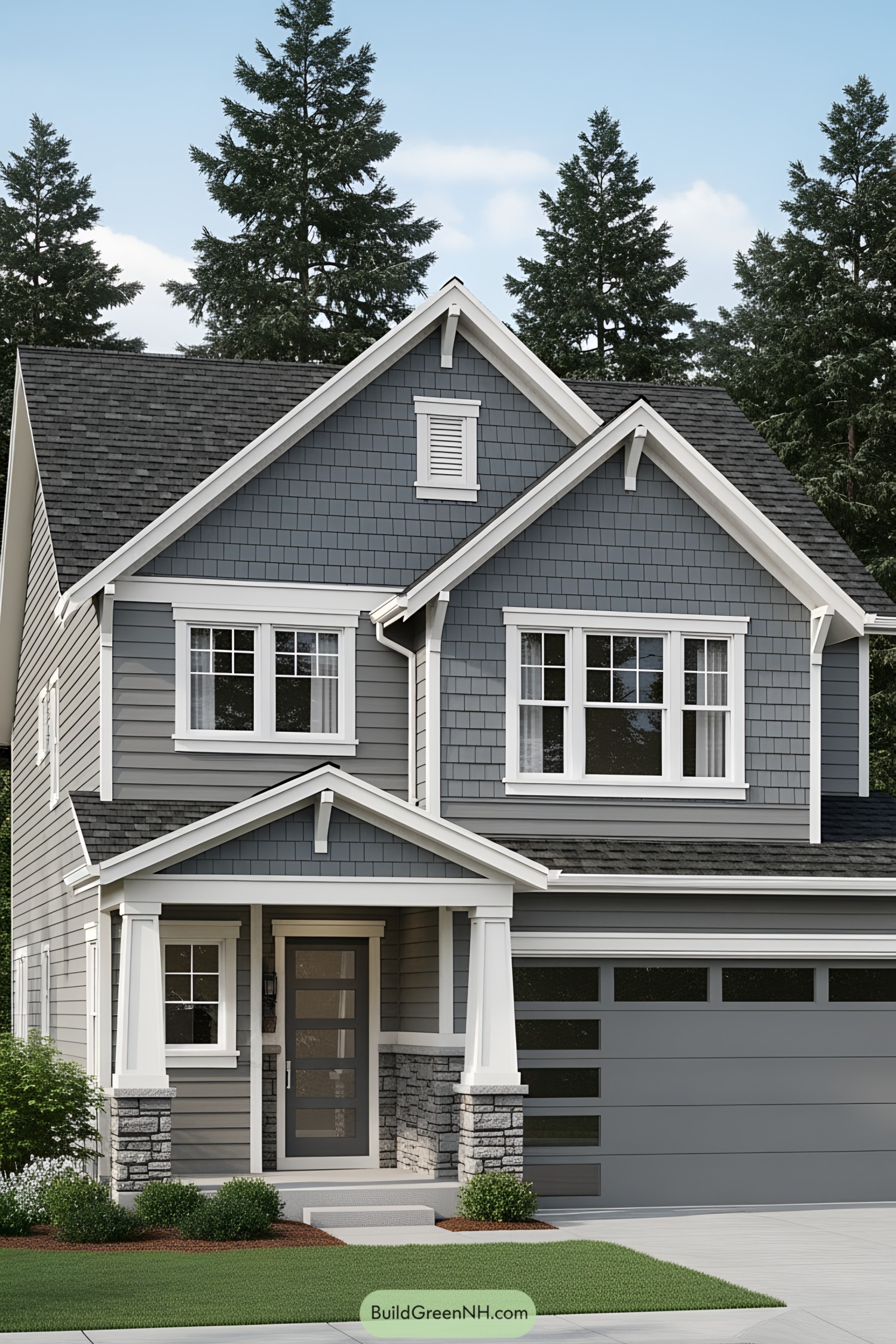 Modern gray suburban home with a welcoming porch
