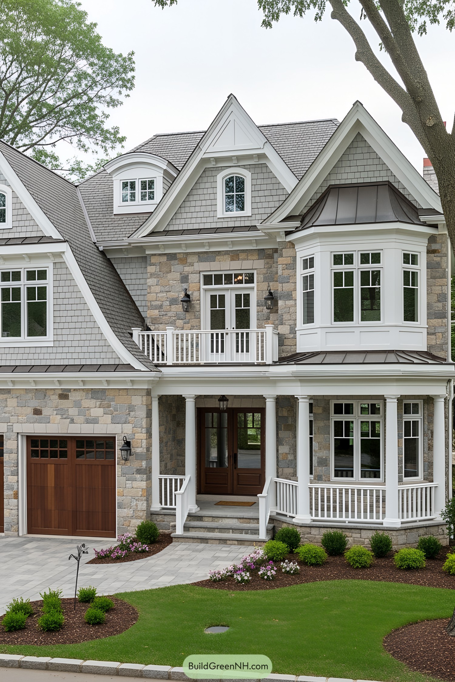 Beautiful suburban house with stone facade and charming porch