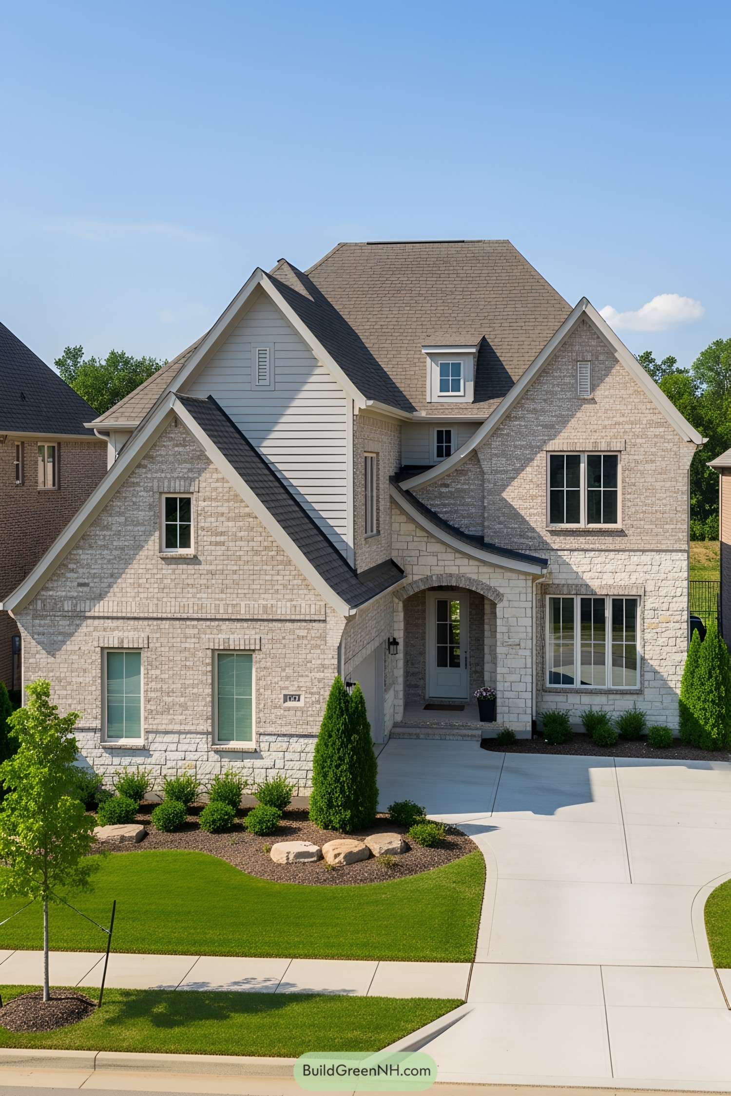 Charming suburban house with a large driveway and lush landscaping