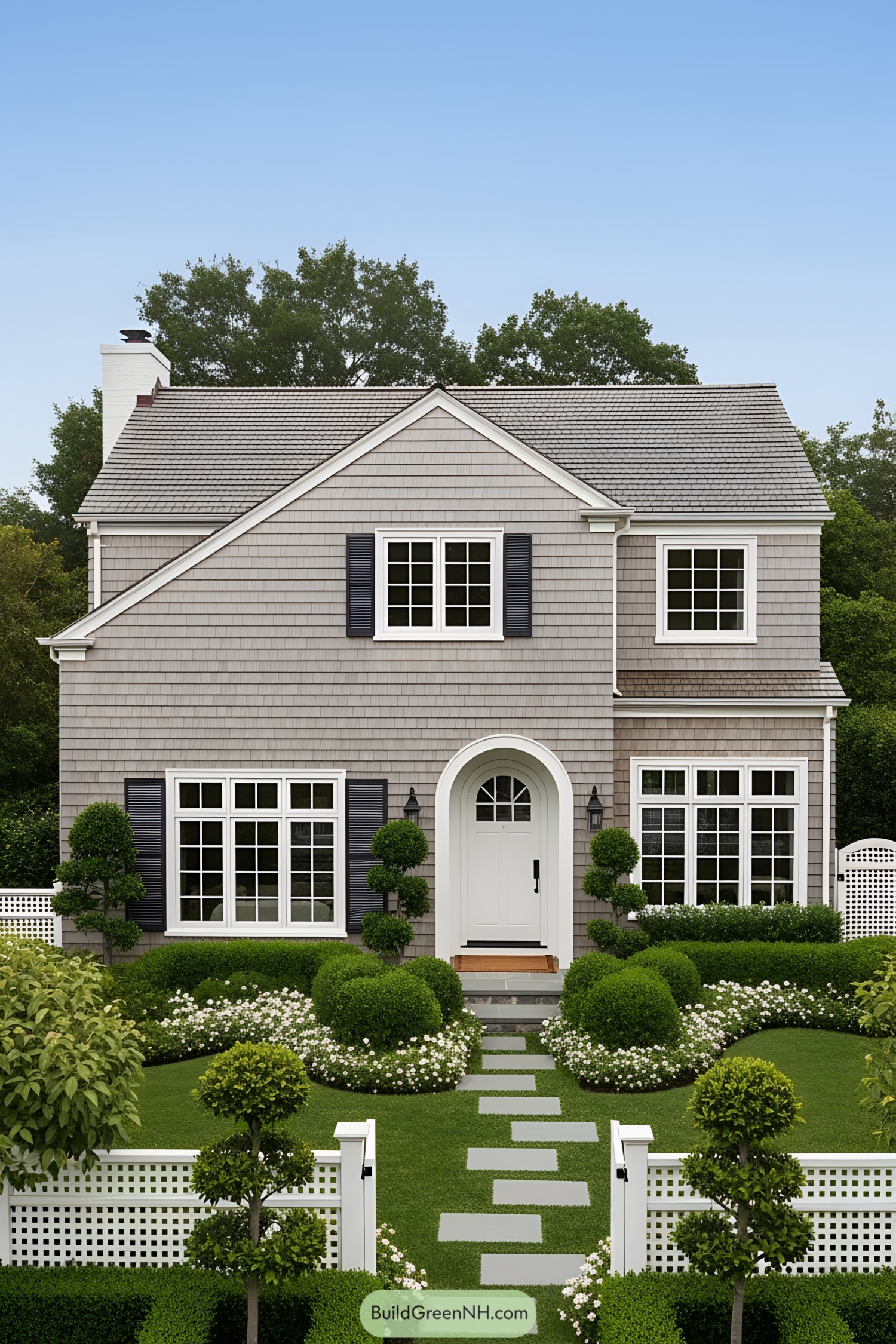 Charming suburban house with manicured garden and stone pathway