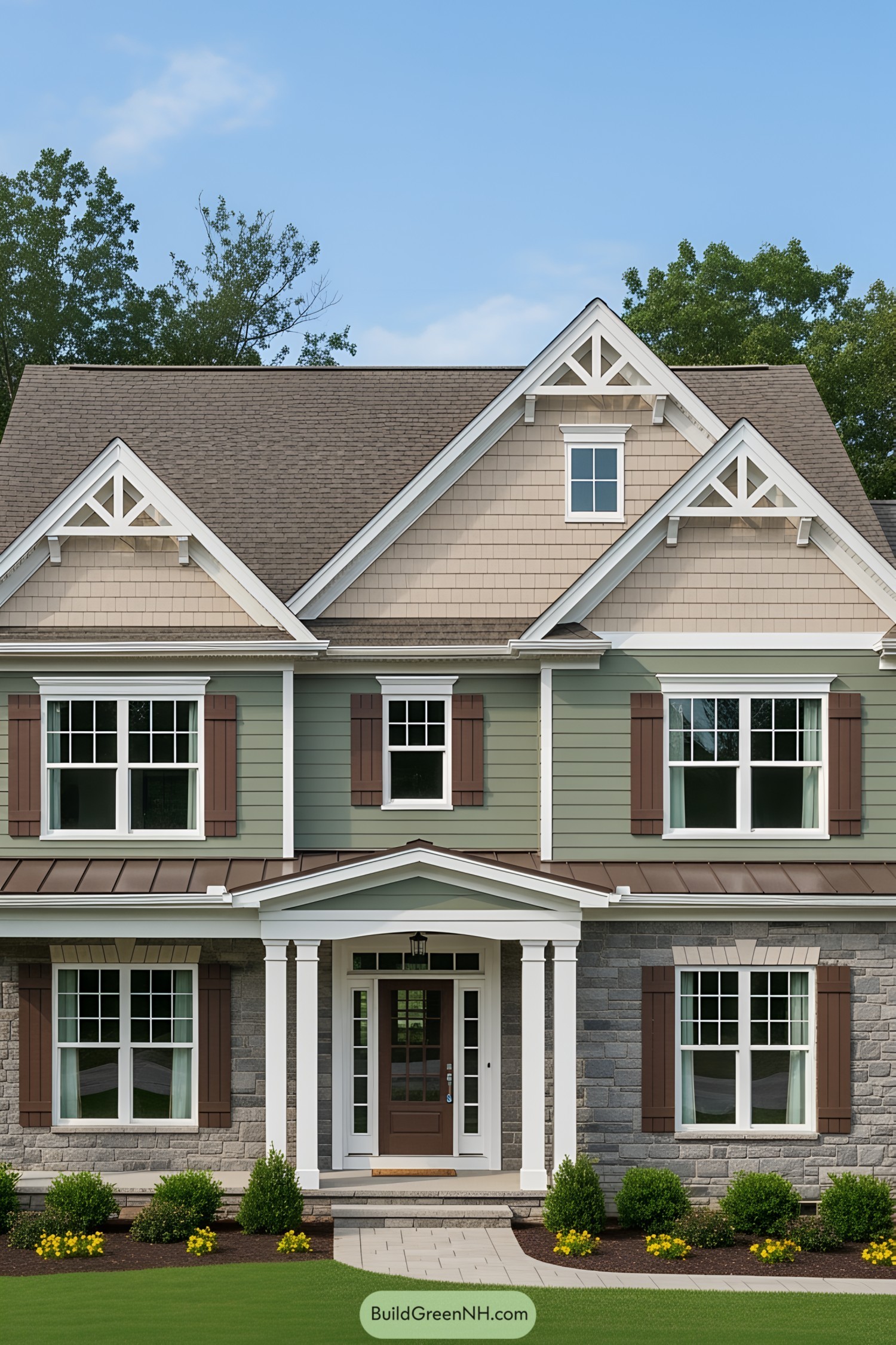 Charming house with green siding, stone facade, and welcoming columns