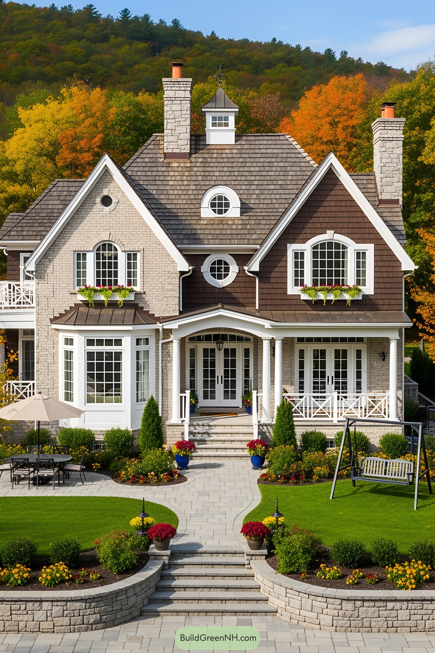 Charming suburban house with manicured garden and autumn backdrop