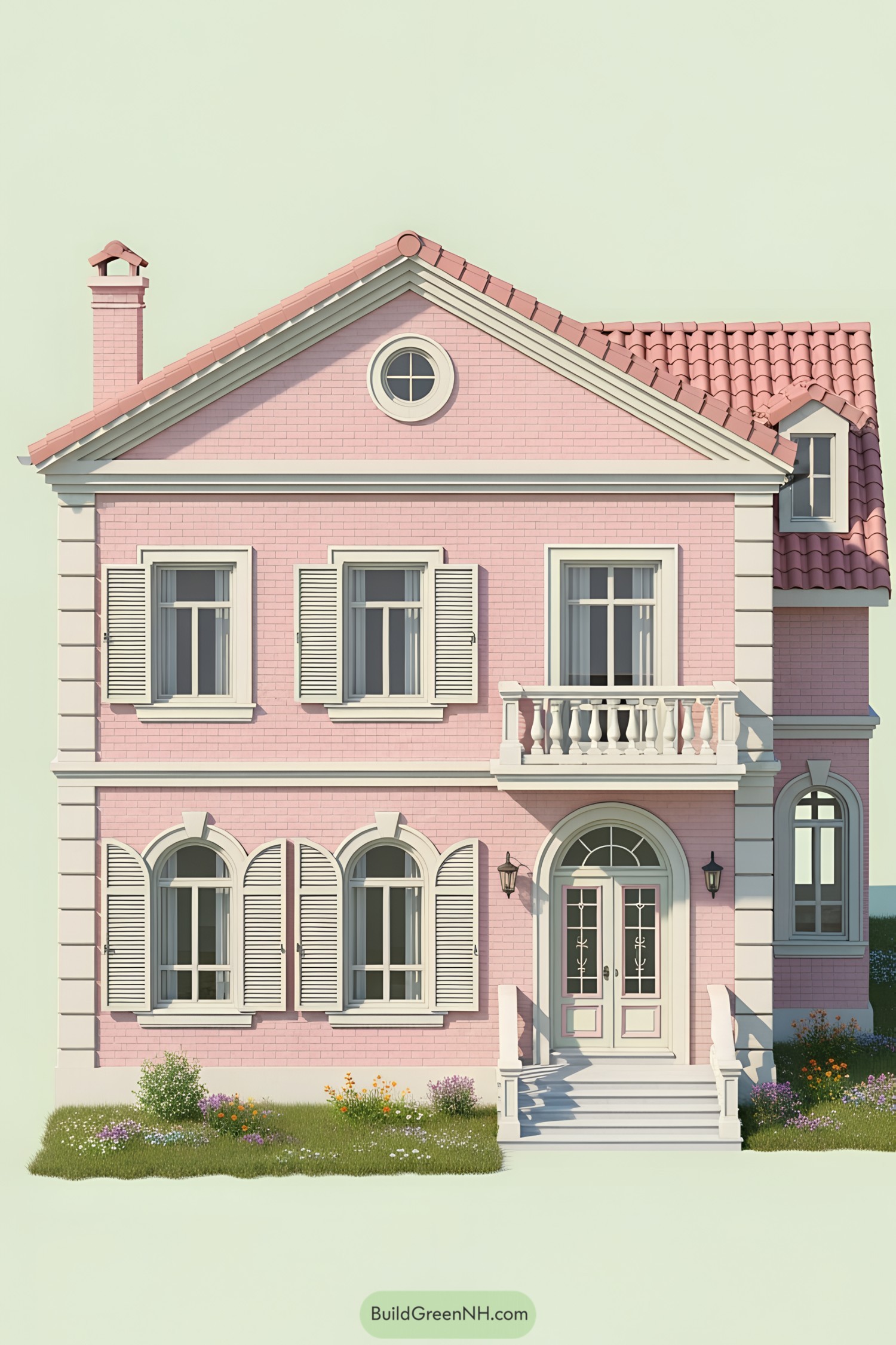 Charming pink house with white shutters and arched windows