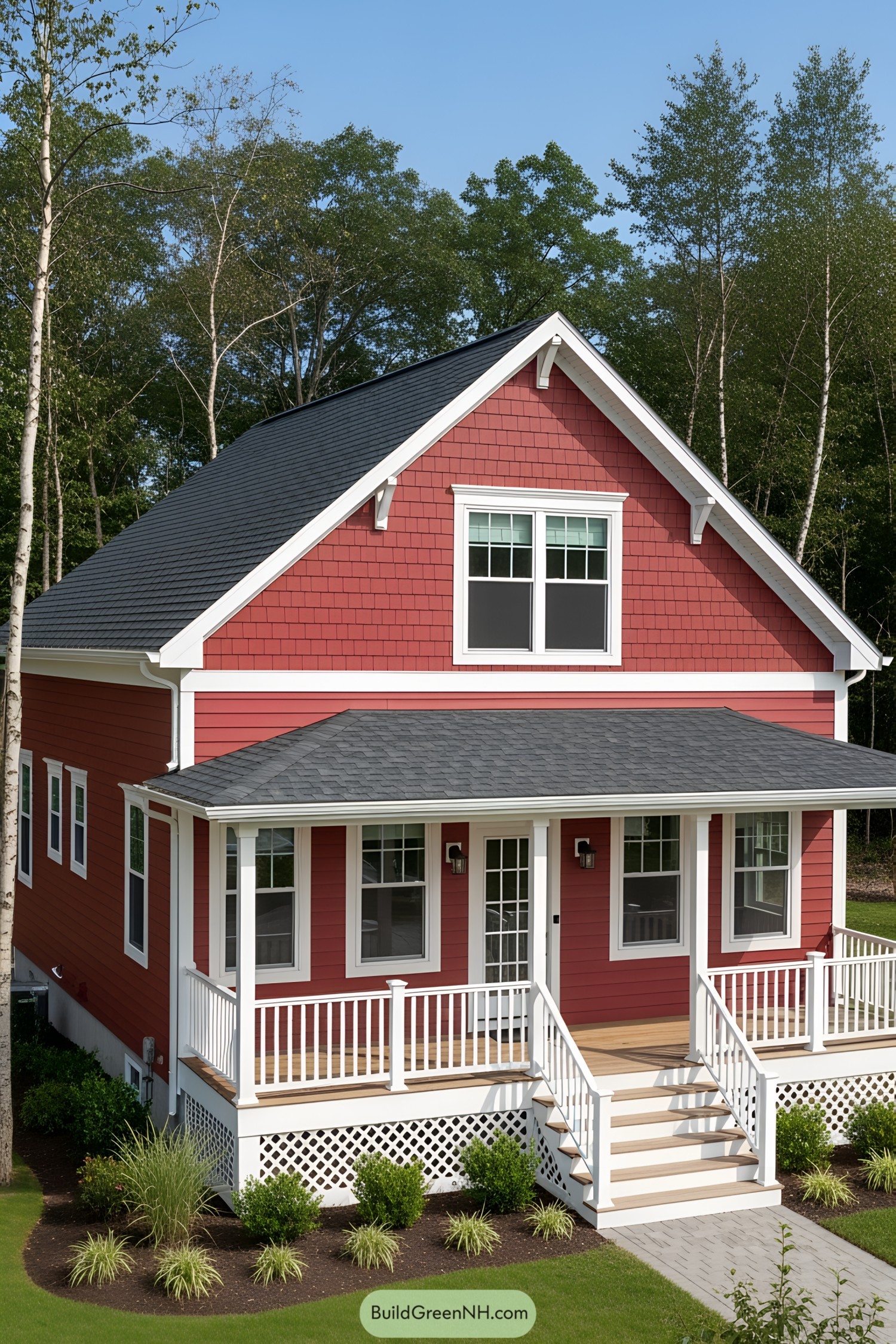 Quaint red suburban house with a porch