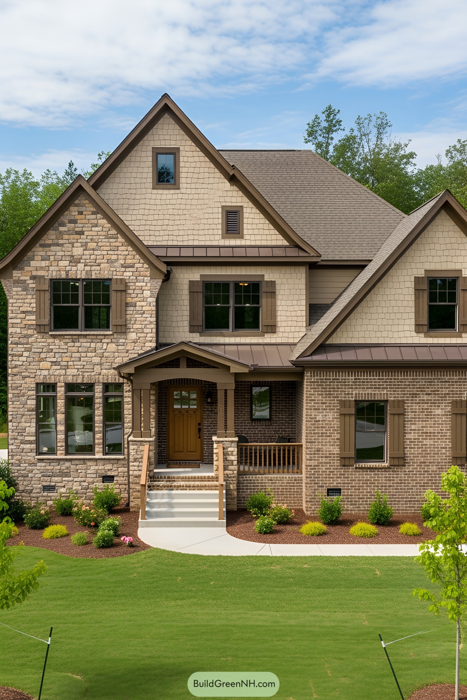 Cute suburban house with brick and stone facade