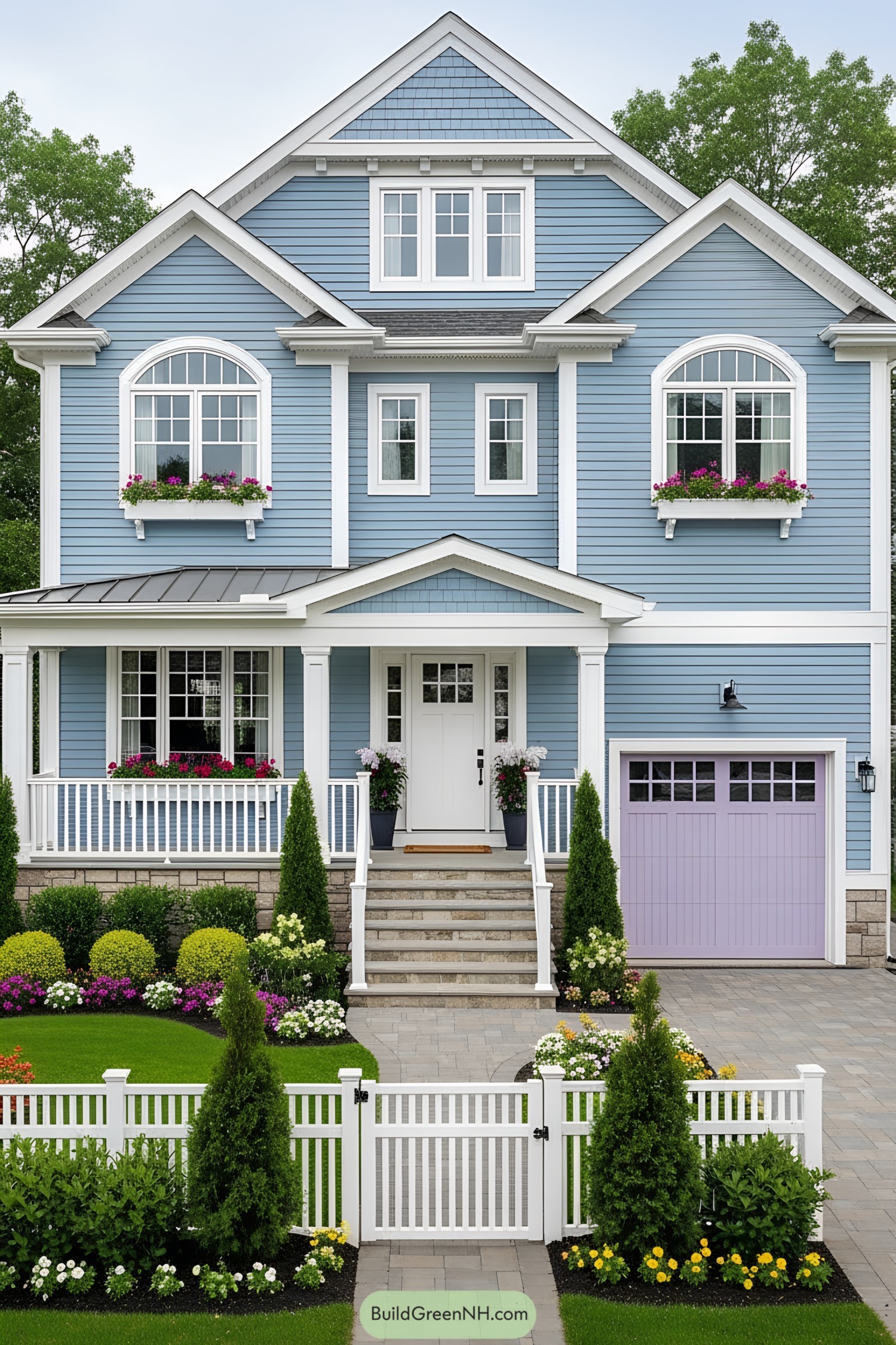 Charming blue suburban house with flower boxes