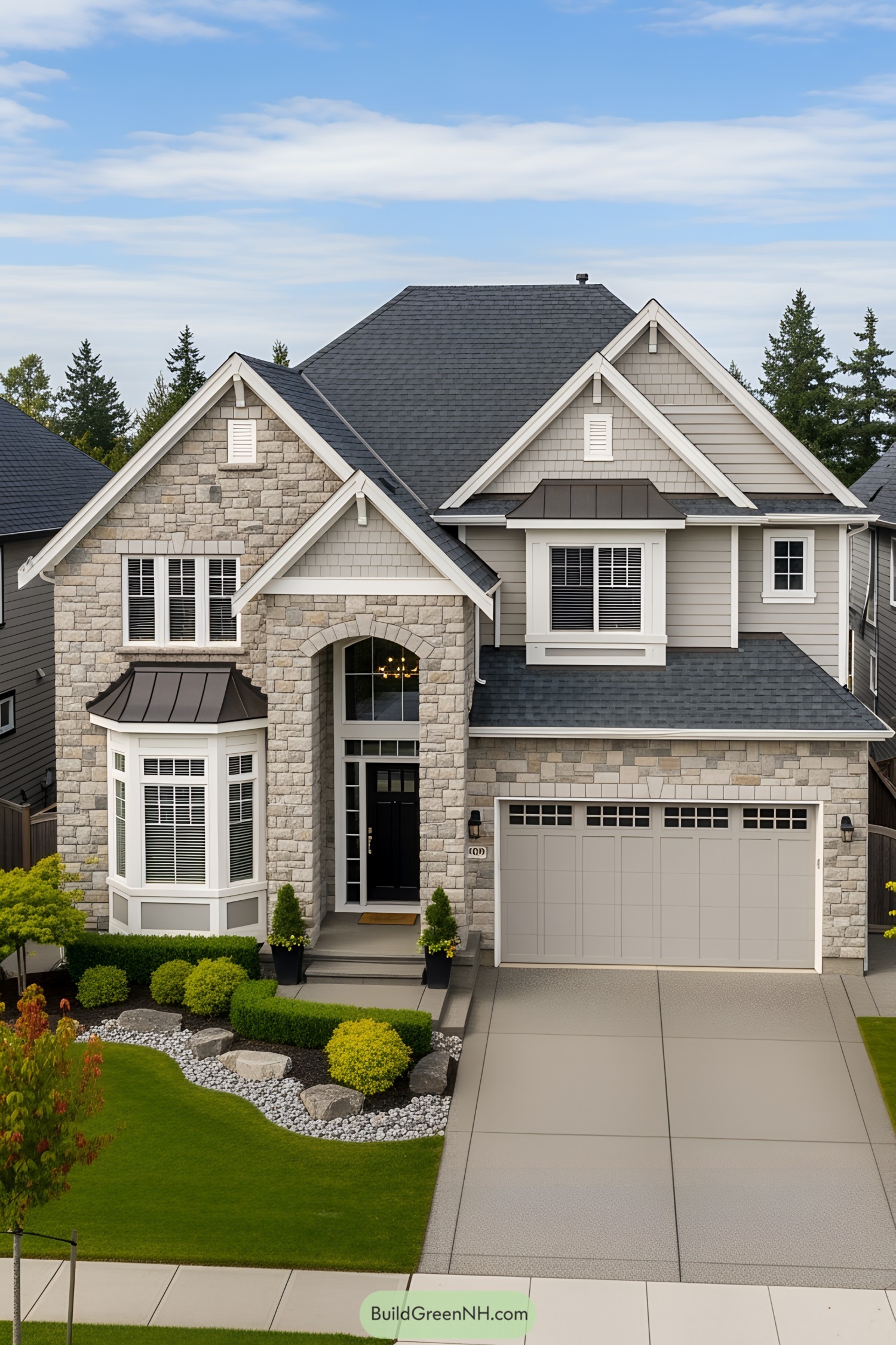 Charming suburban house with stone facade and manicured lawn