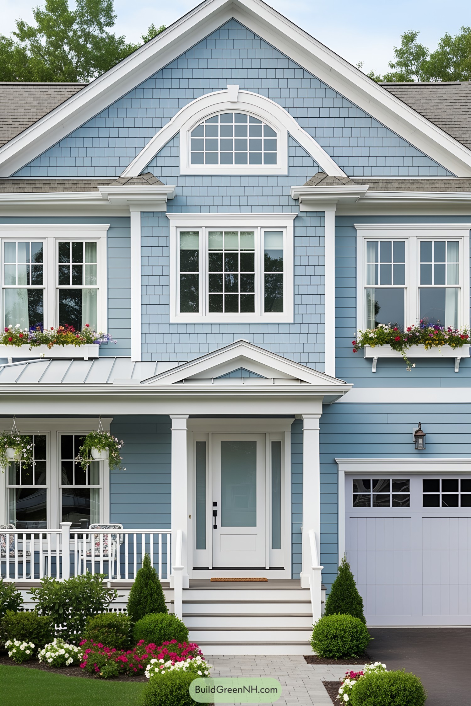 Light blue house with white trim, flower boxes, and a cozy porch