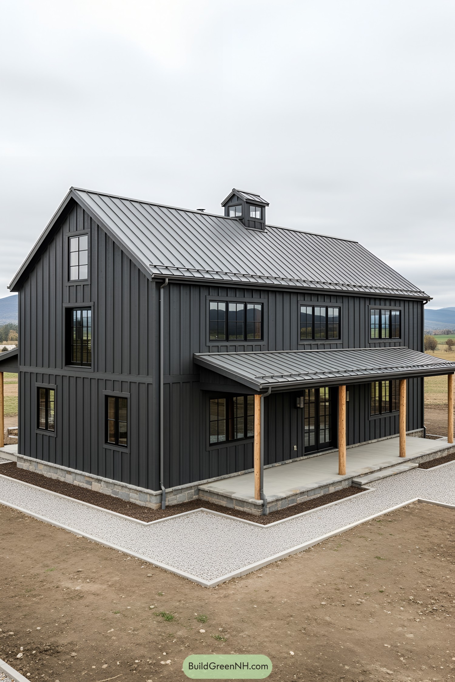 Dark gray barn house with a modern design and wooden accents