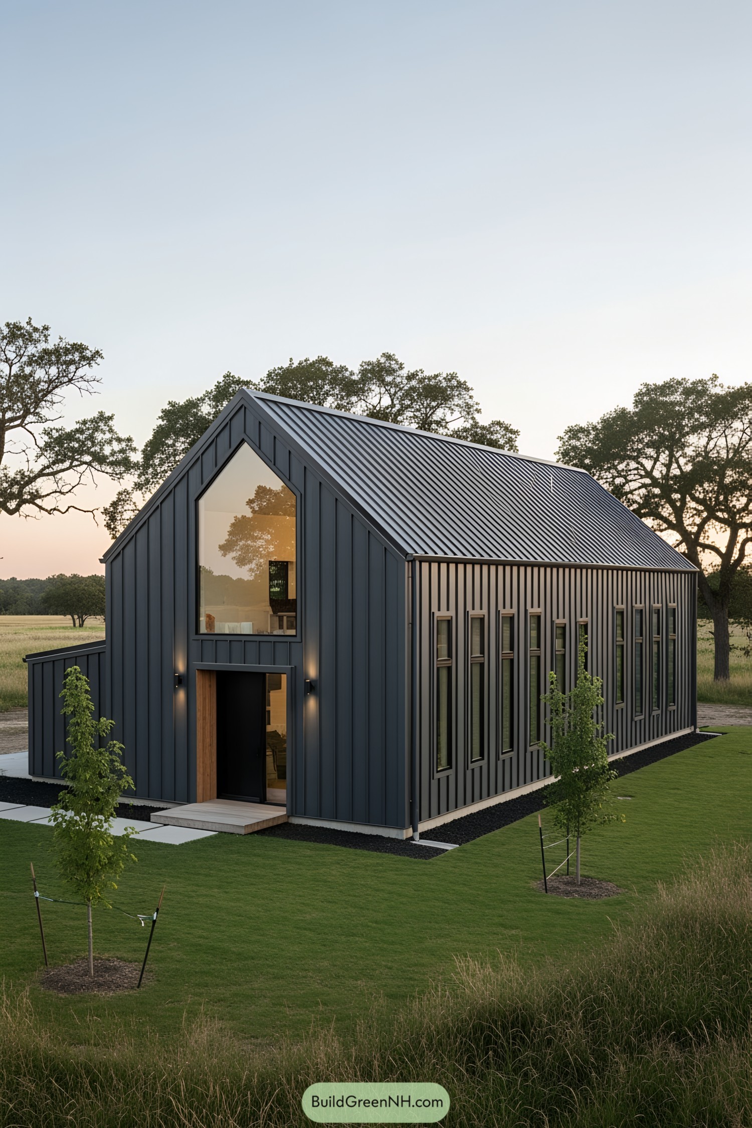 Dark gray barn house with large windows and a lush green lawn
