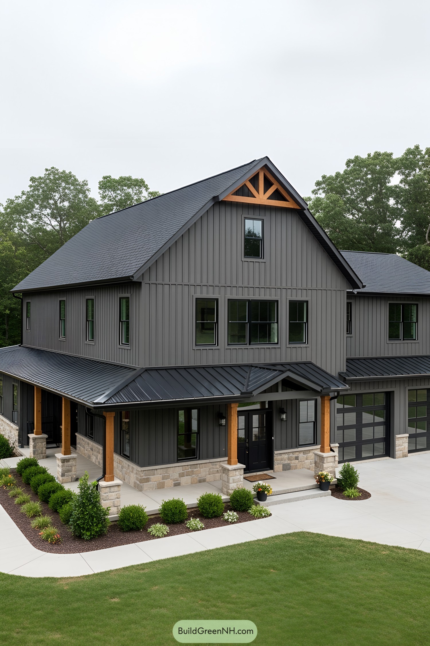 Dark gray barn house with a modern aesthetic