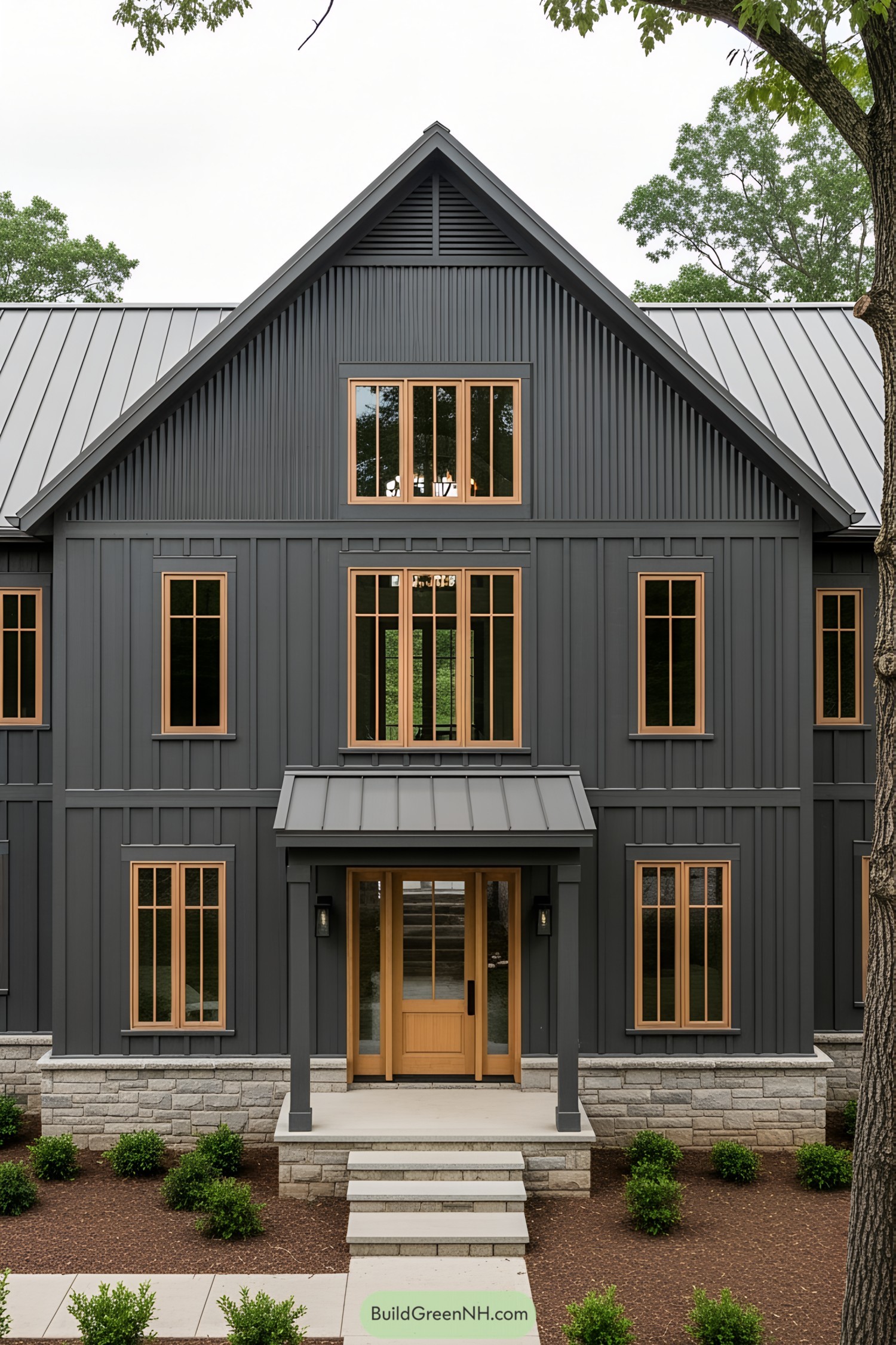 Modern dark gray barn house with wooden accents