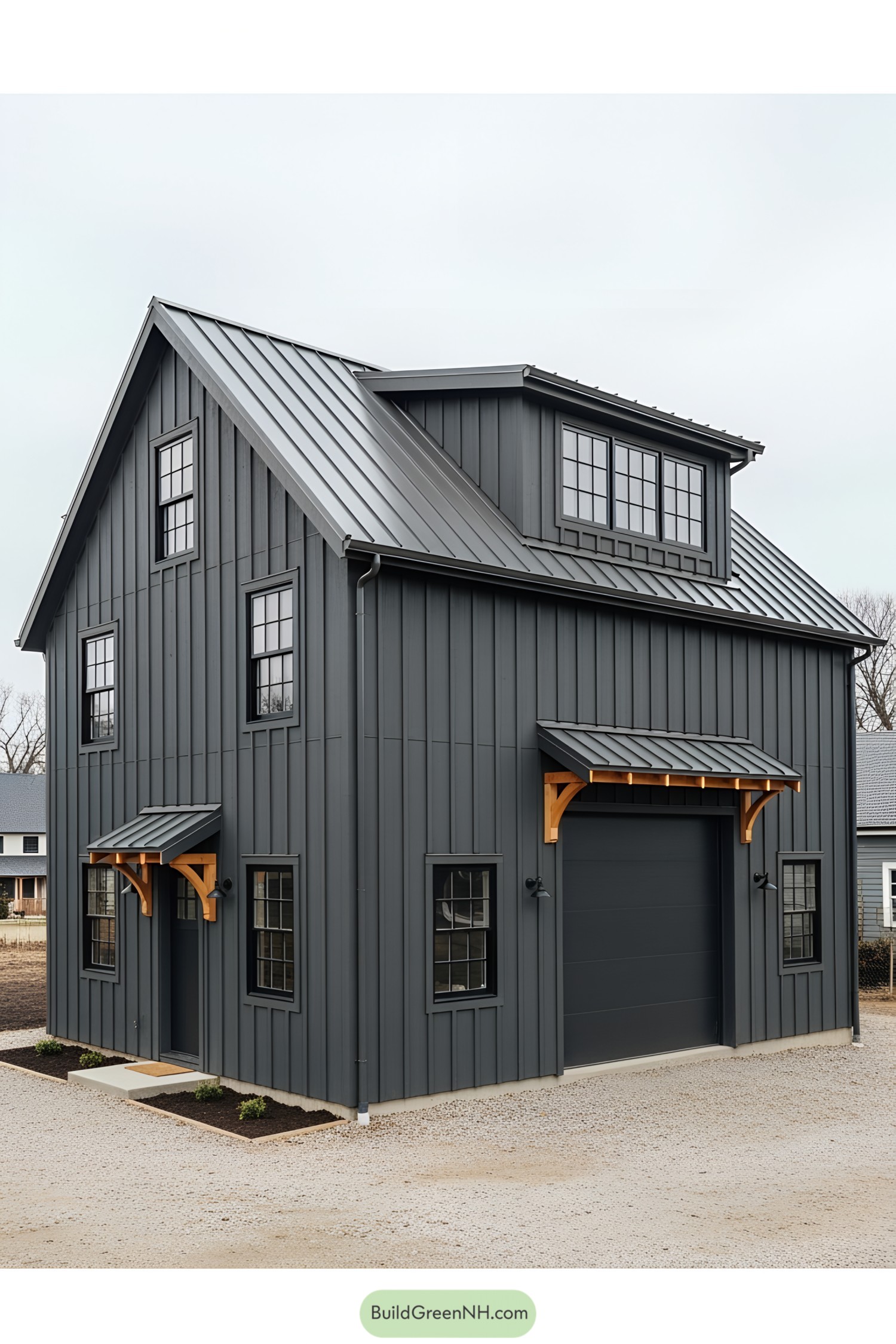 Dark gray barn house with wooden accents