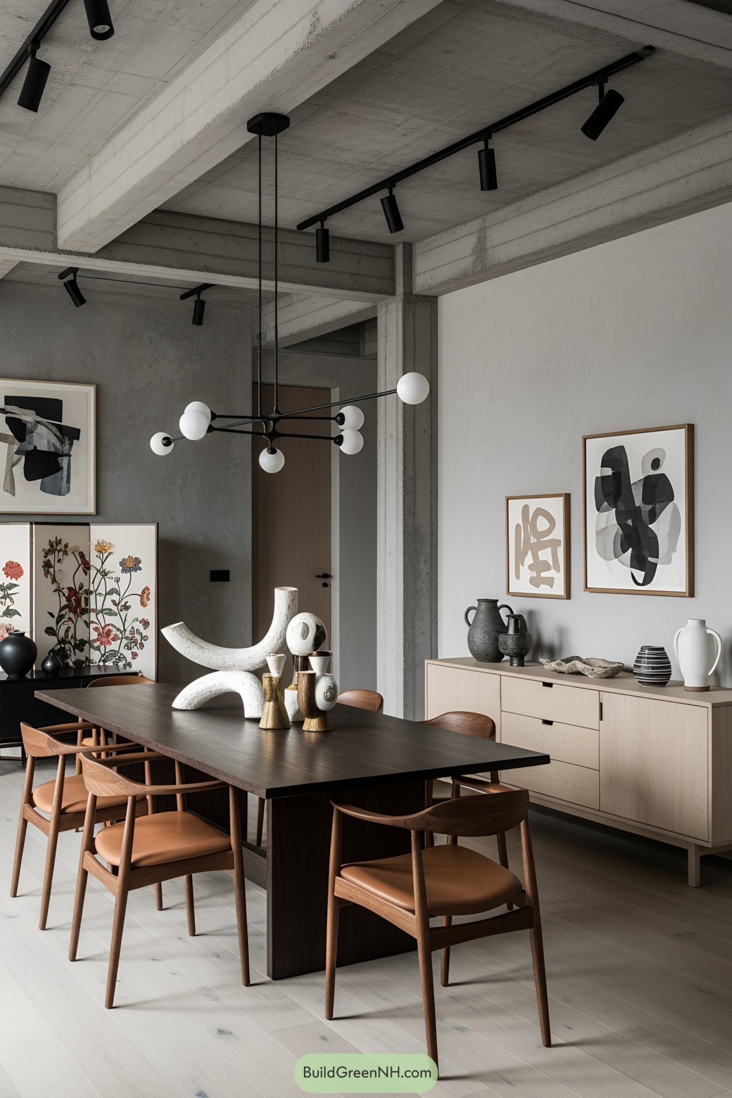 Modern dining room with concrete elements and abstract decor