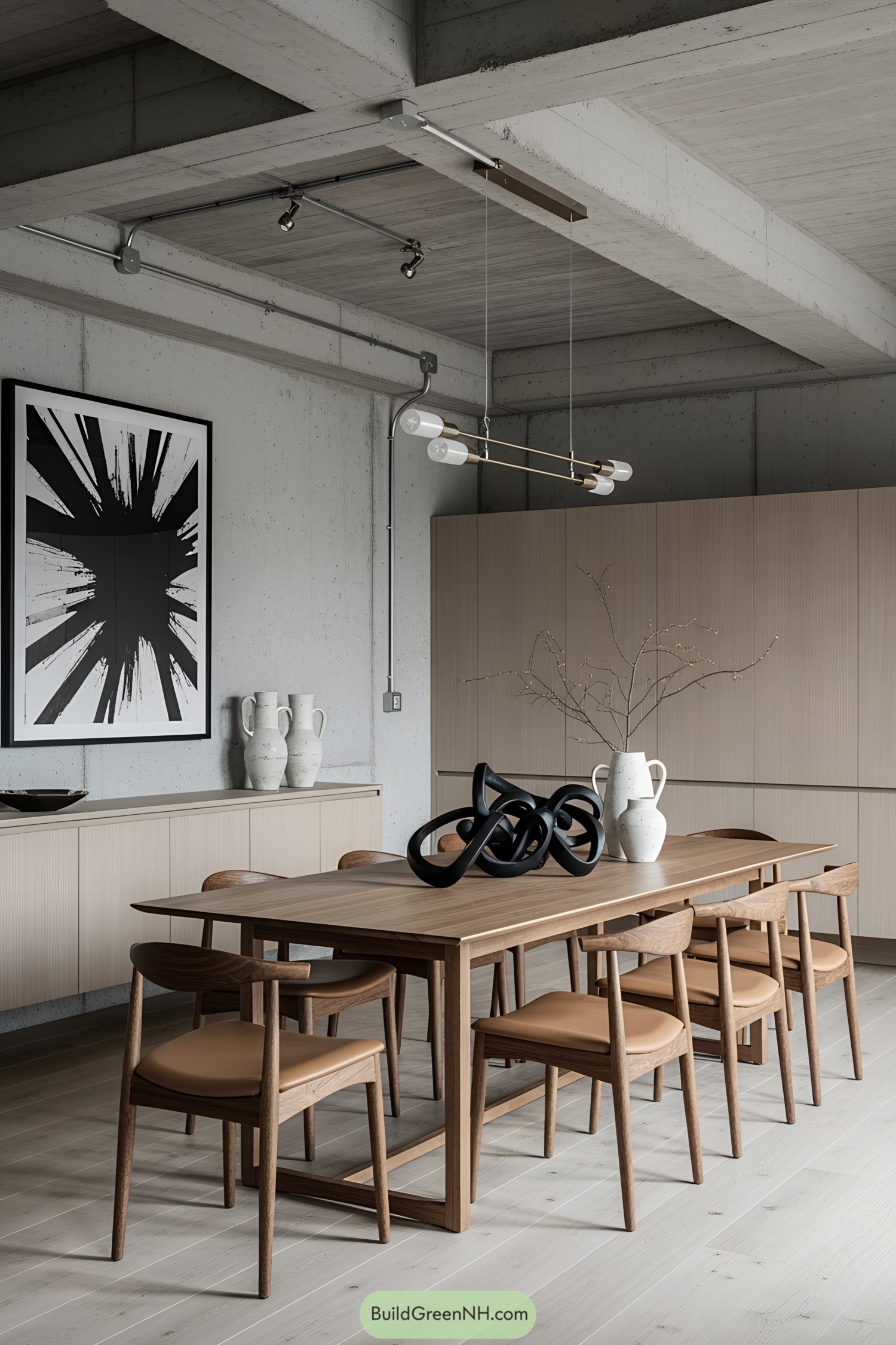 Modern dining area with concrete elements and stylish decor