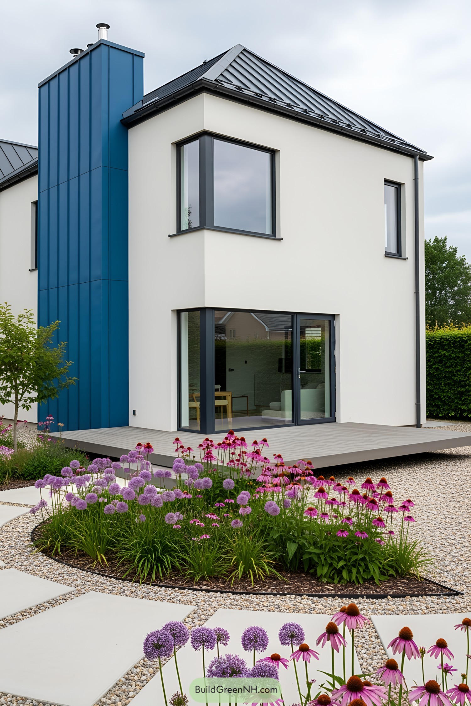 Compact house with an outdoor deck and vibrant garden