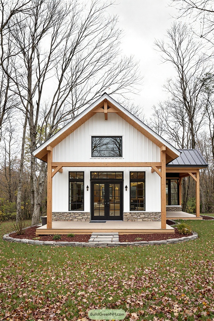 change house siding to lower stone and upper white shiplap