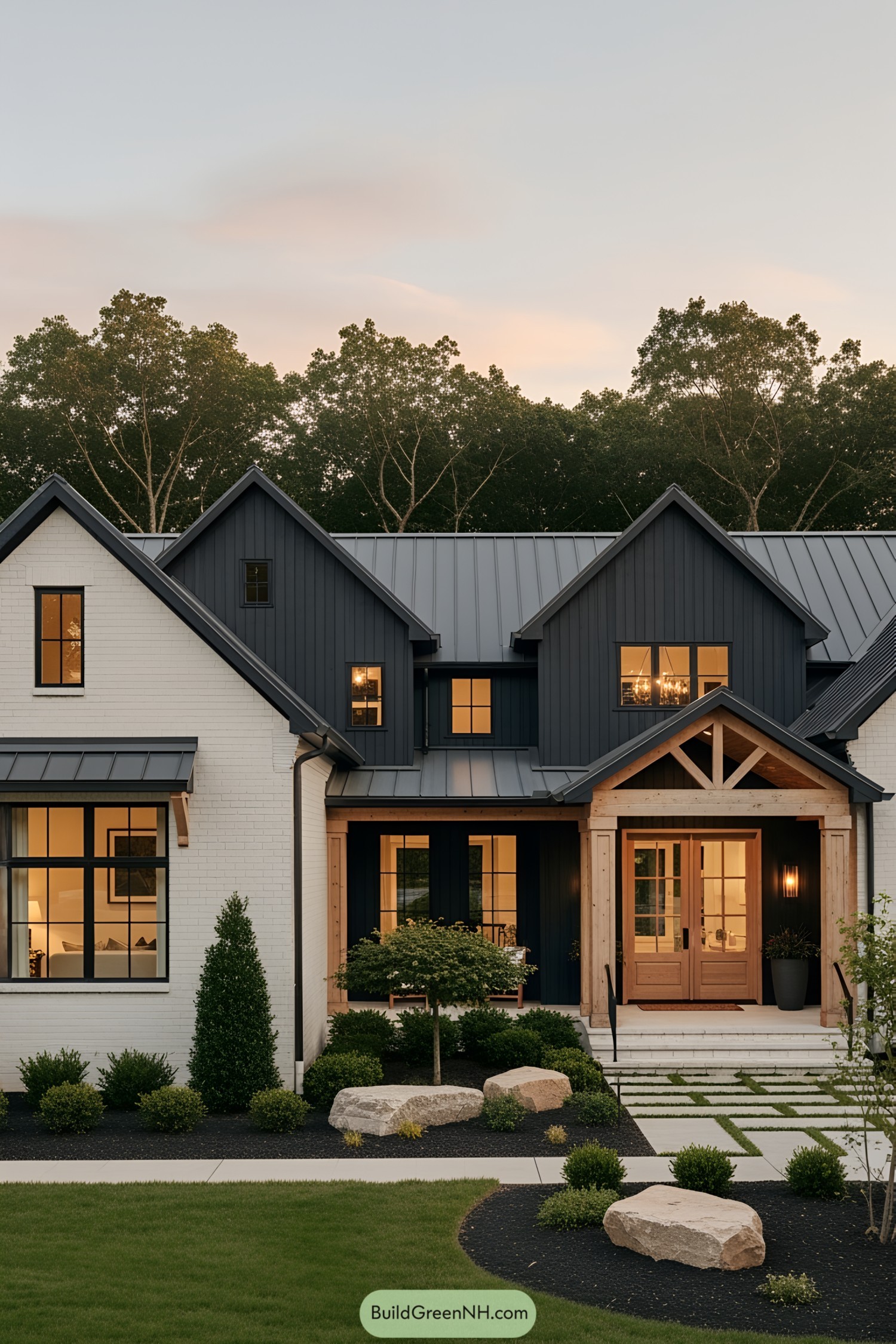 Modern farmhouse with gabled roof and warm lighting