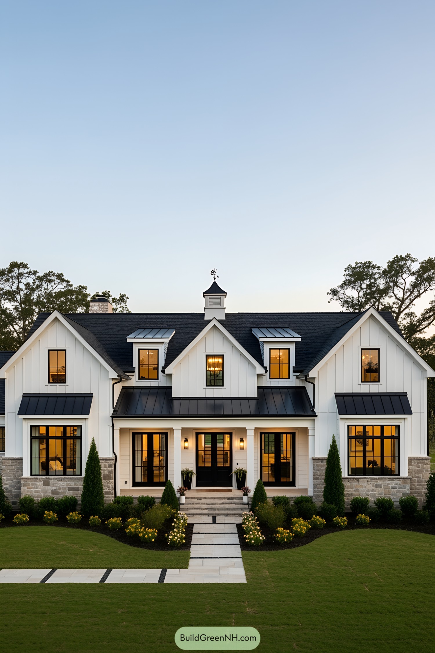 Modern farmhouse with gabled roof and large windows