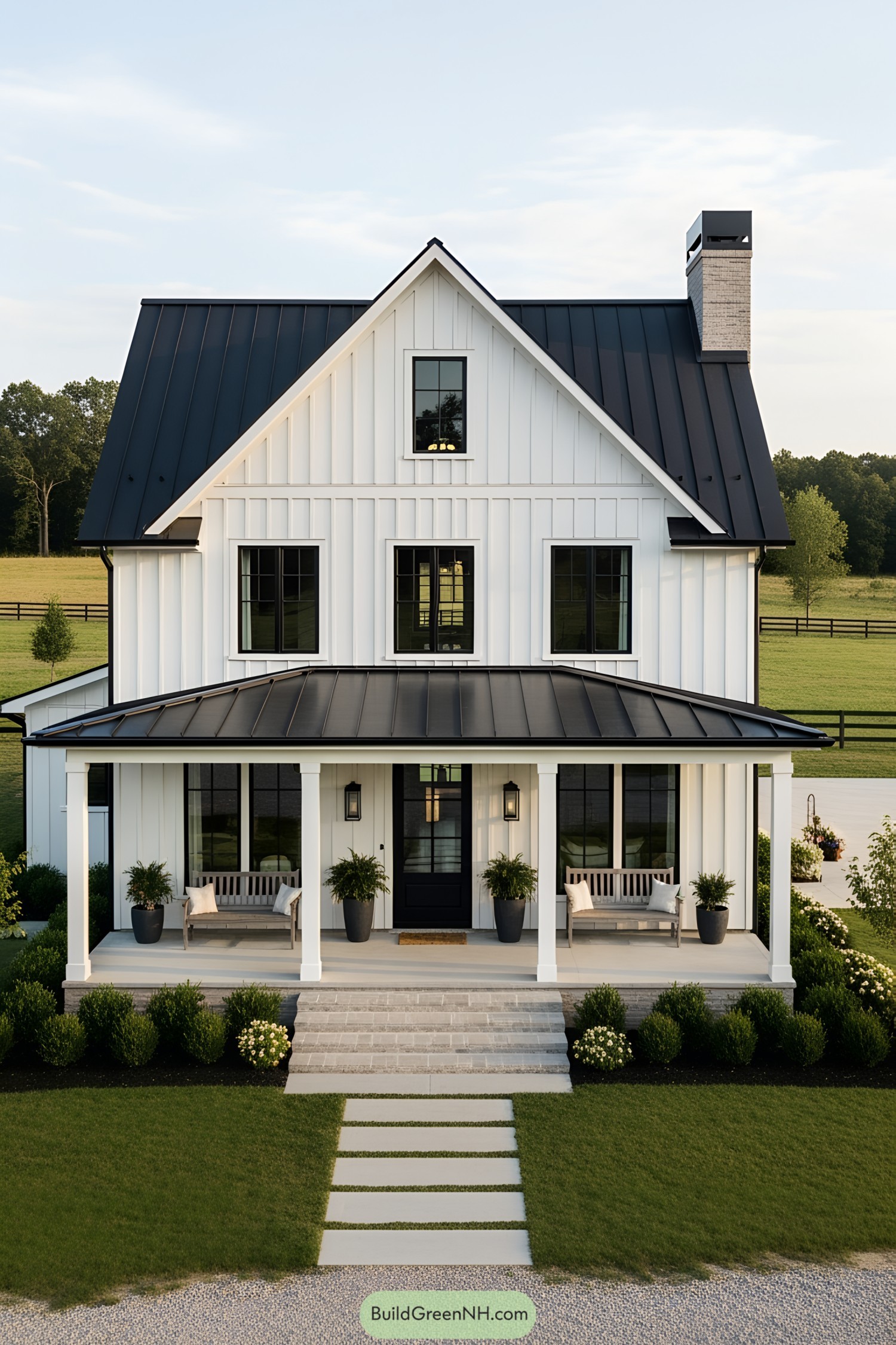 White modern farmhouse with black roof