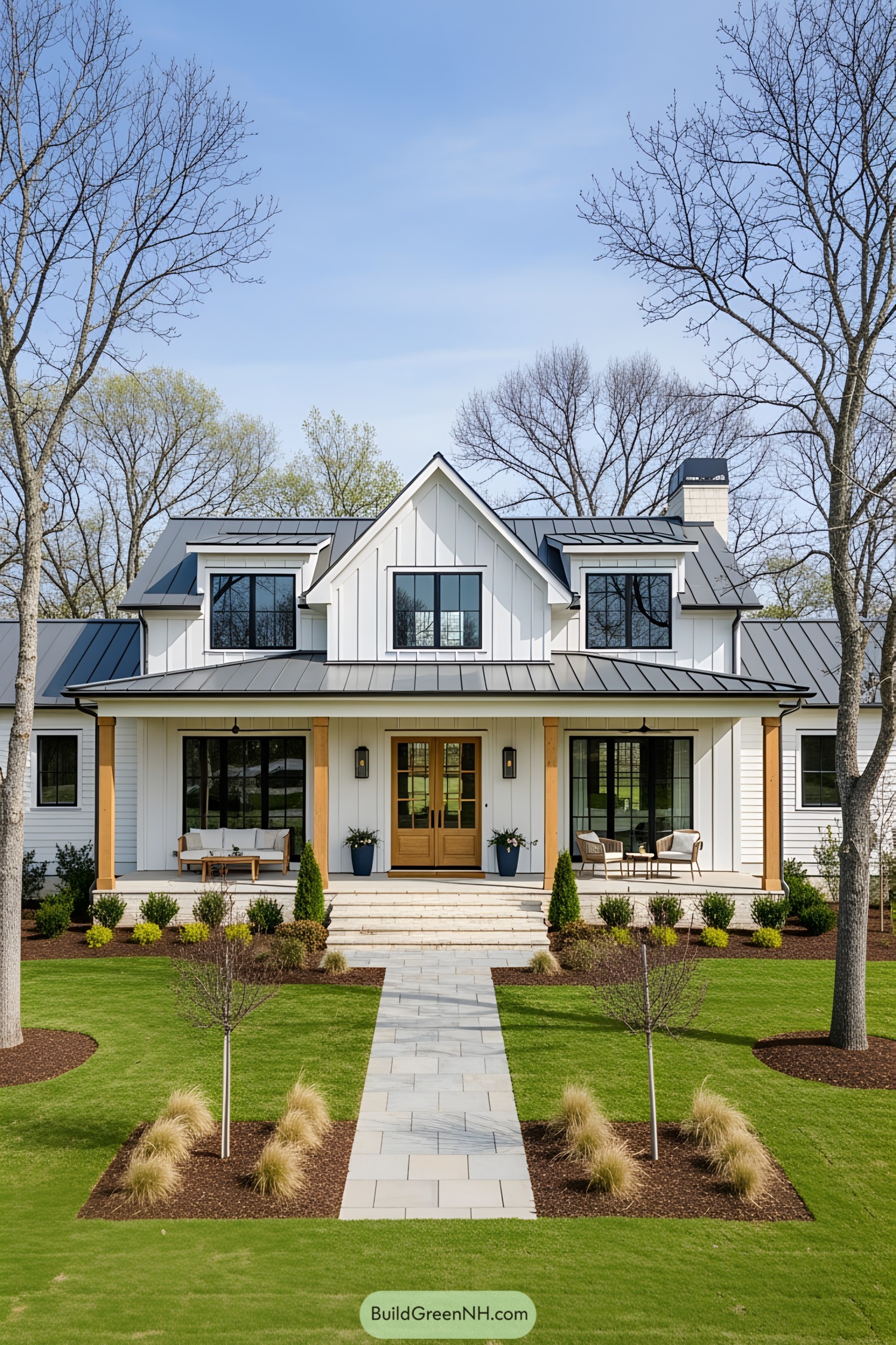 Modern farmhouse with a cozy porch and manicured lawn