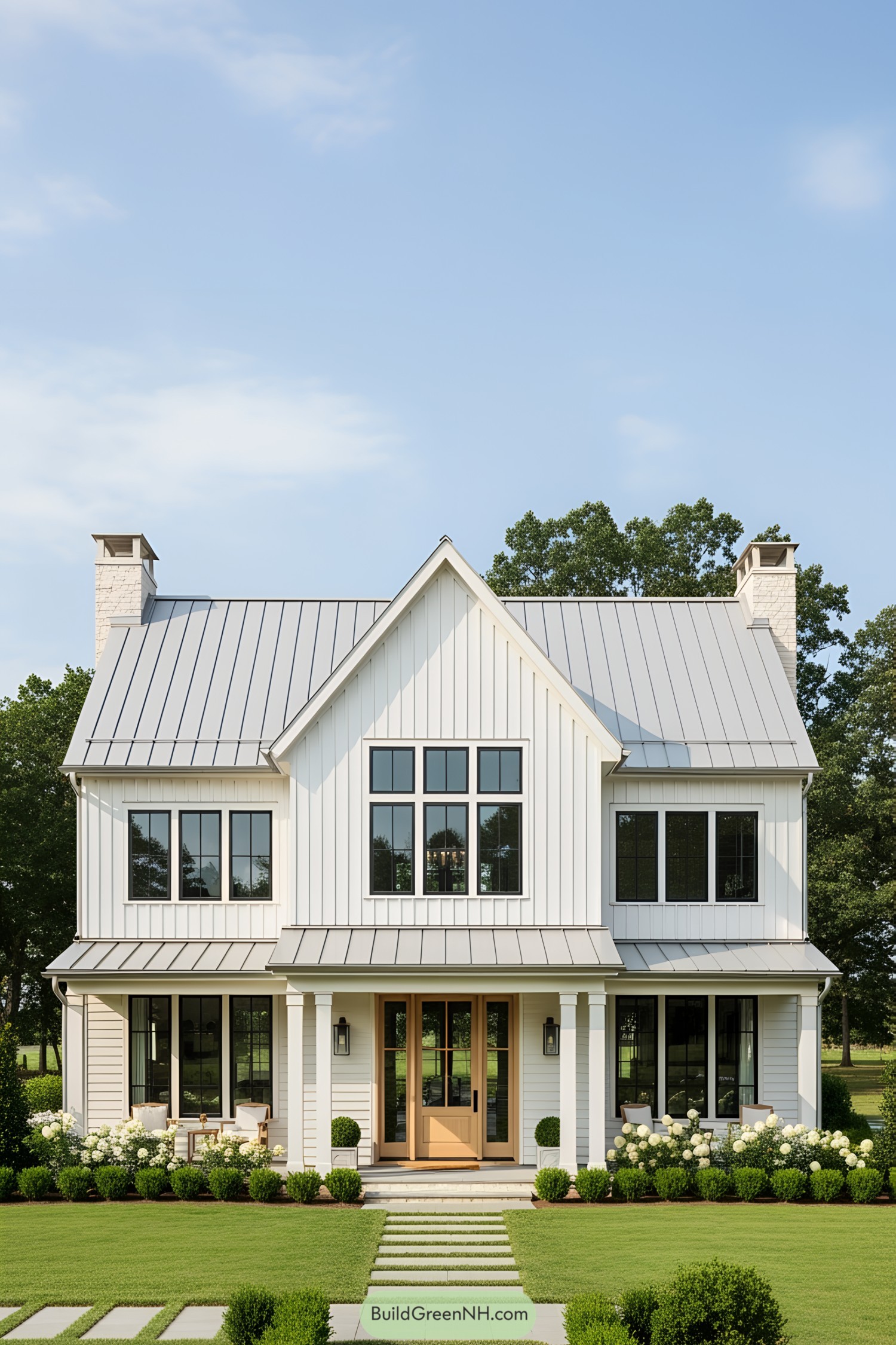 Modern white farmhouse with a manicured lawn and two chimneys