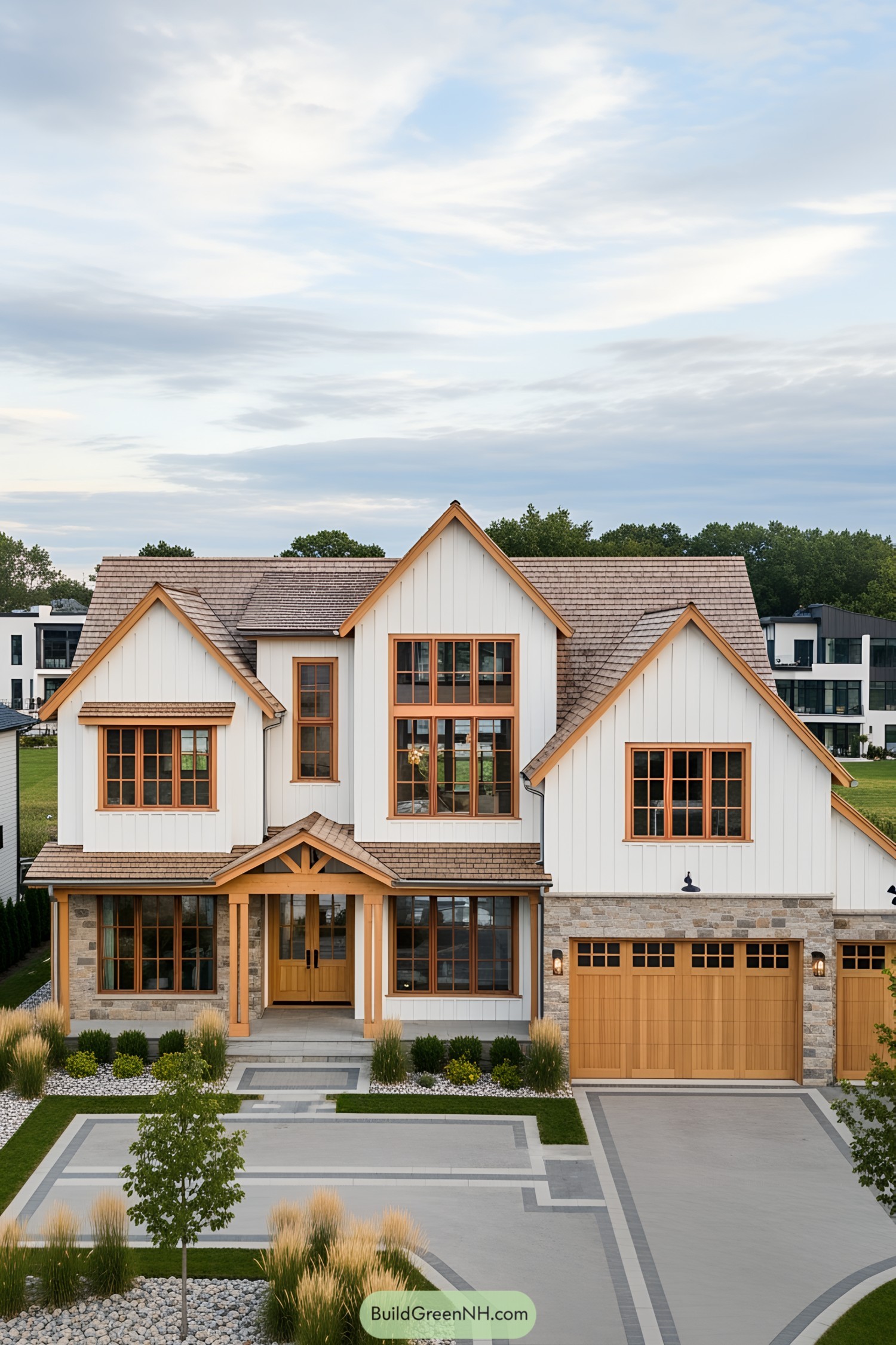 Modern farmhouse with wood and stone accents