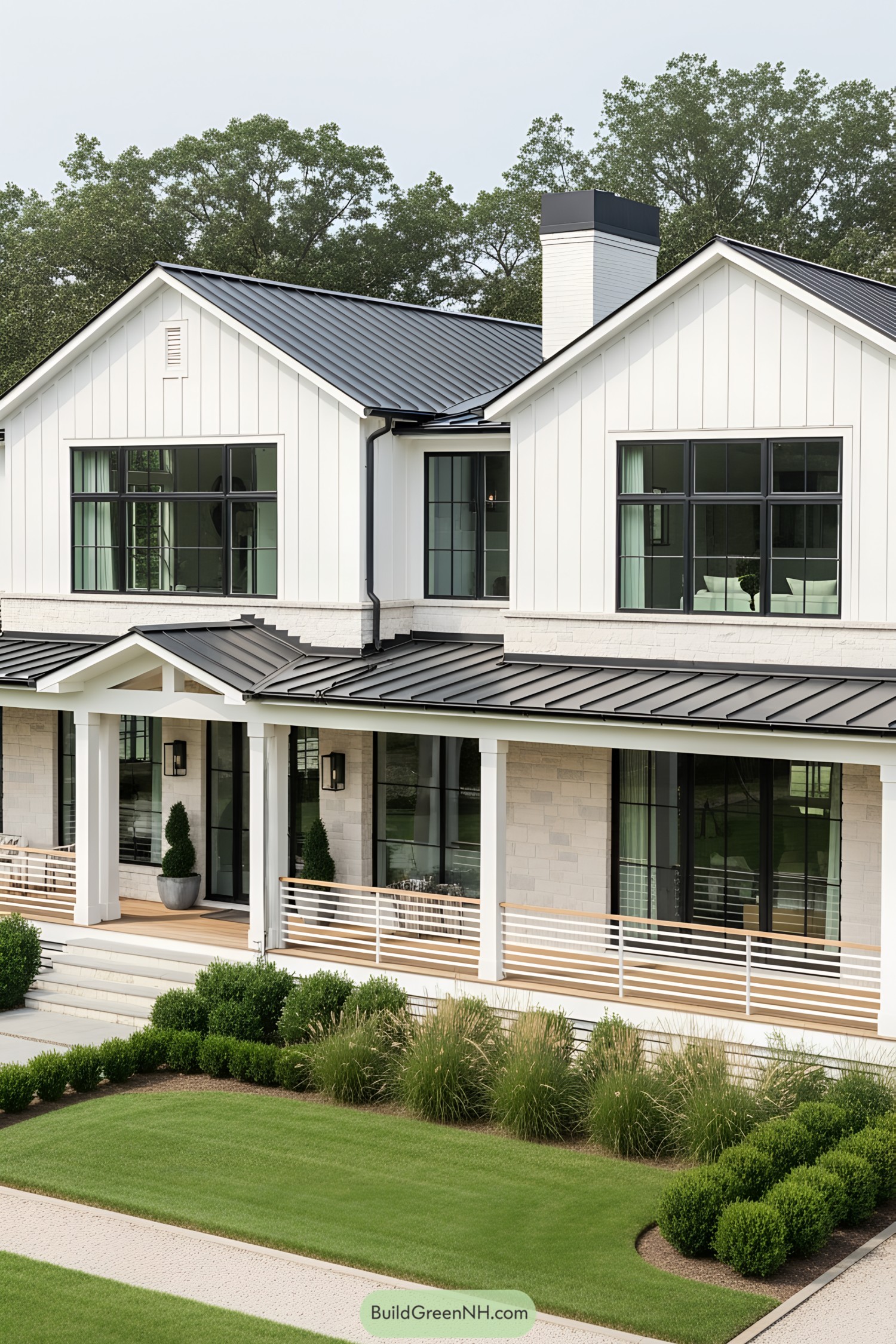 White modern farmhouse with large windows and a neatly manicured lawn
