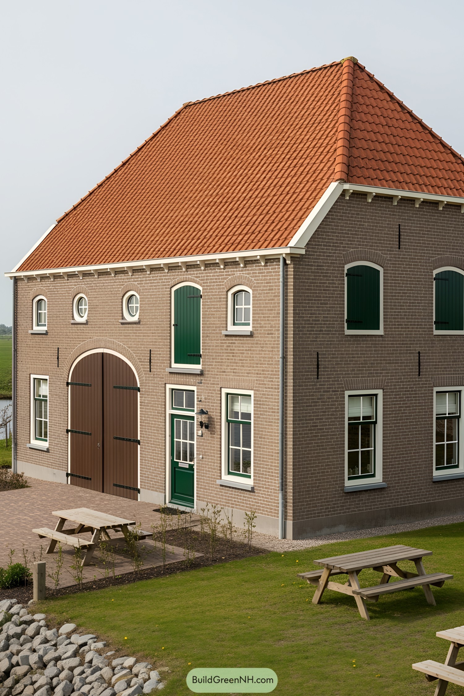 Brown brick farmhouse with red tile roof and green shutters