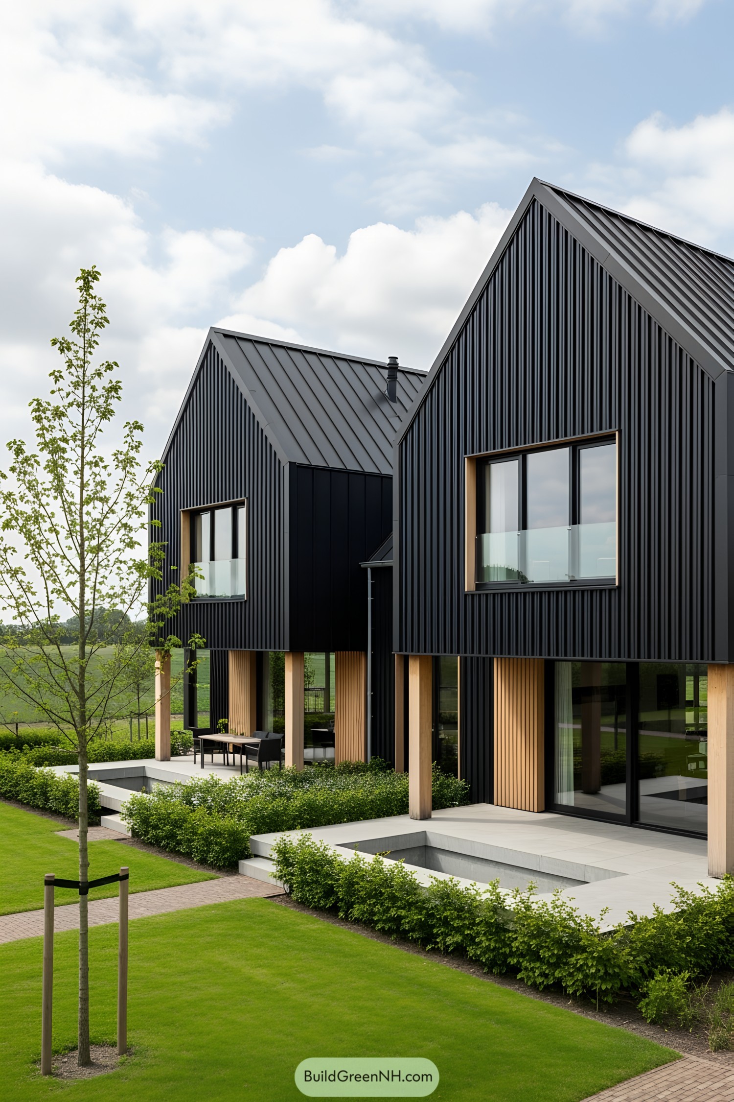Contemporary gabled farmhouse with sleek black facade