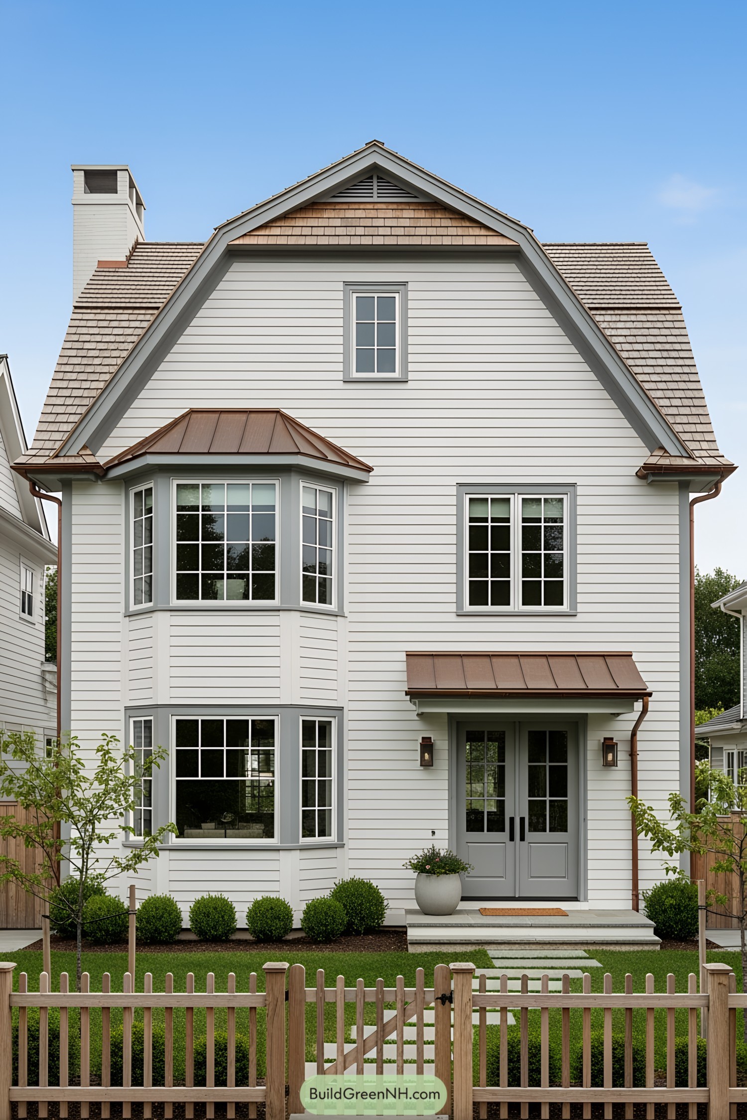Front view of a white traditional farmhouse