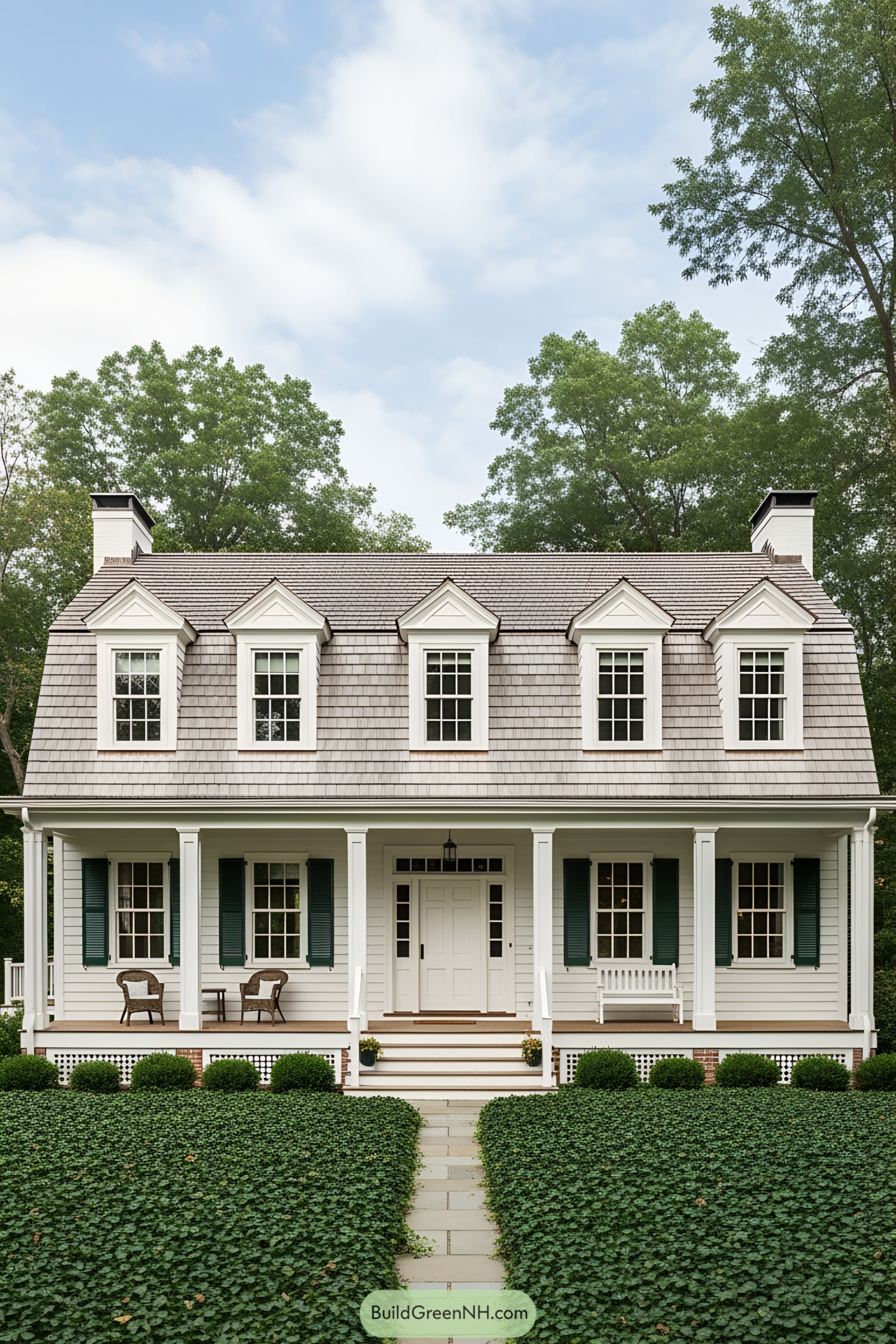 White Dutch farmhouse with green shutters