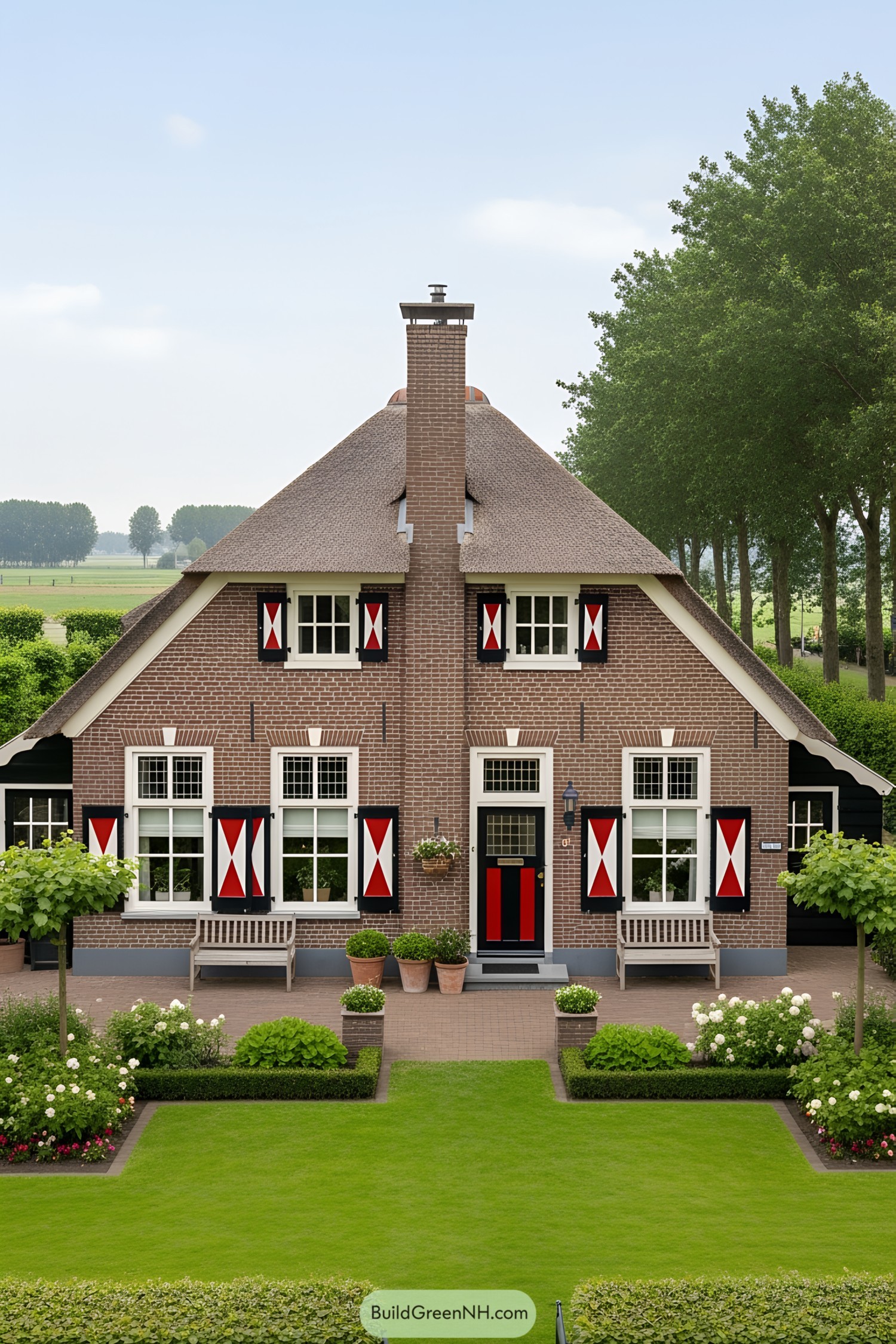 Charming farmhouse with brick facade and triangular roof