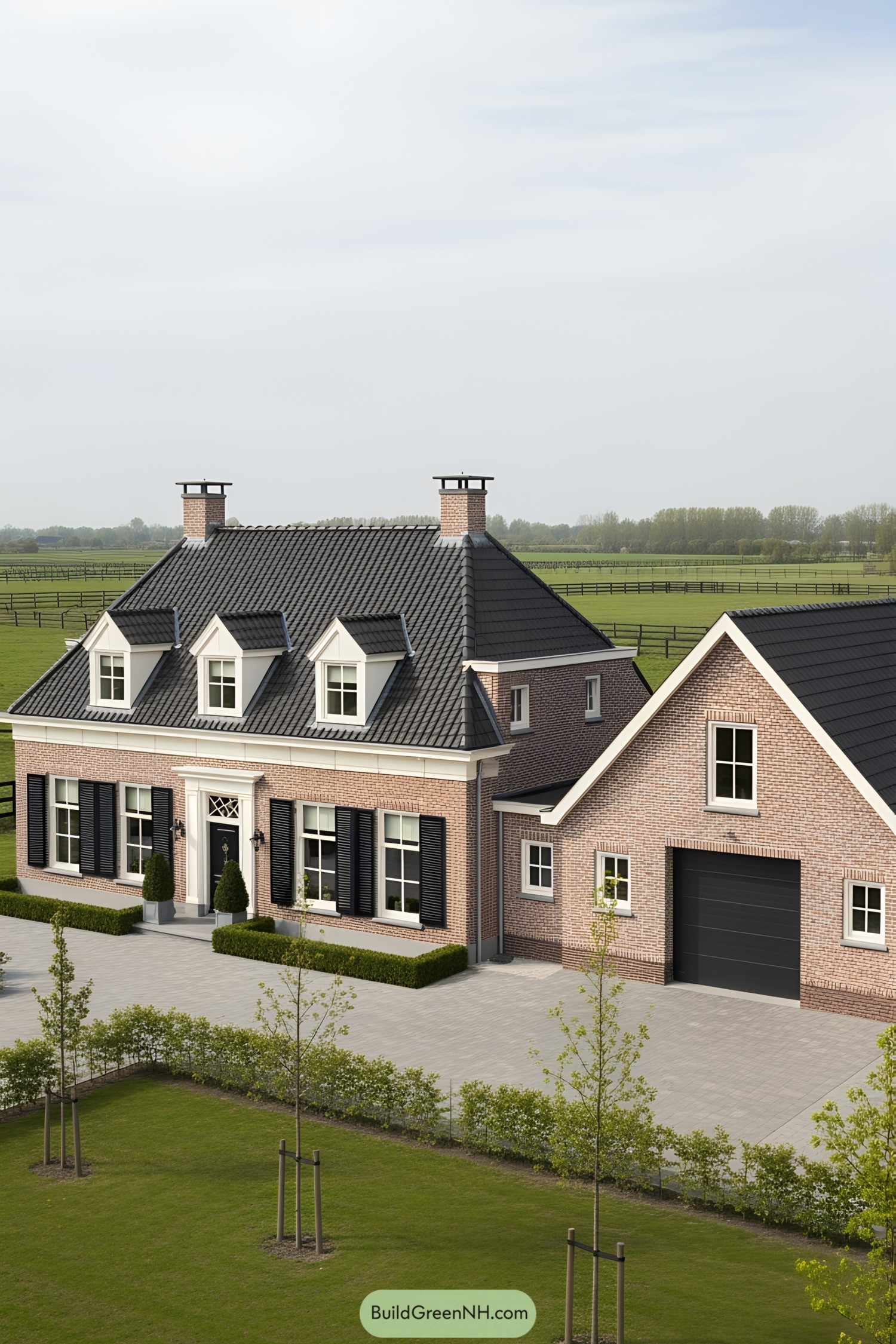 Classic brick farmhouse with black shutters and lush greenery