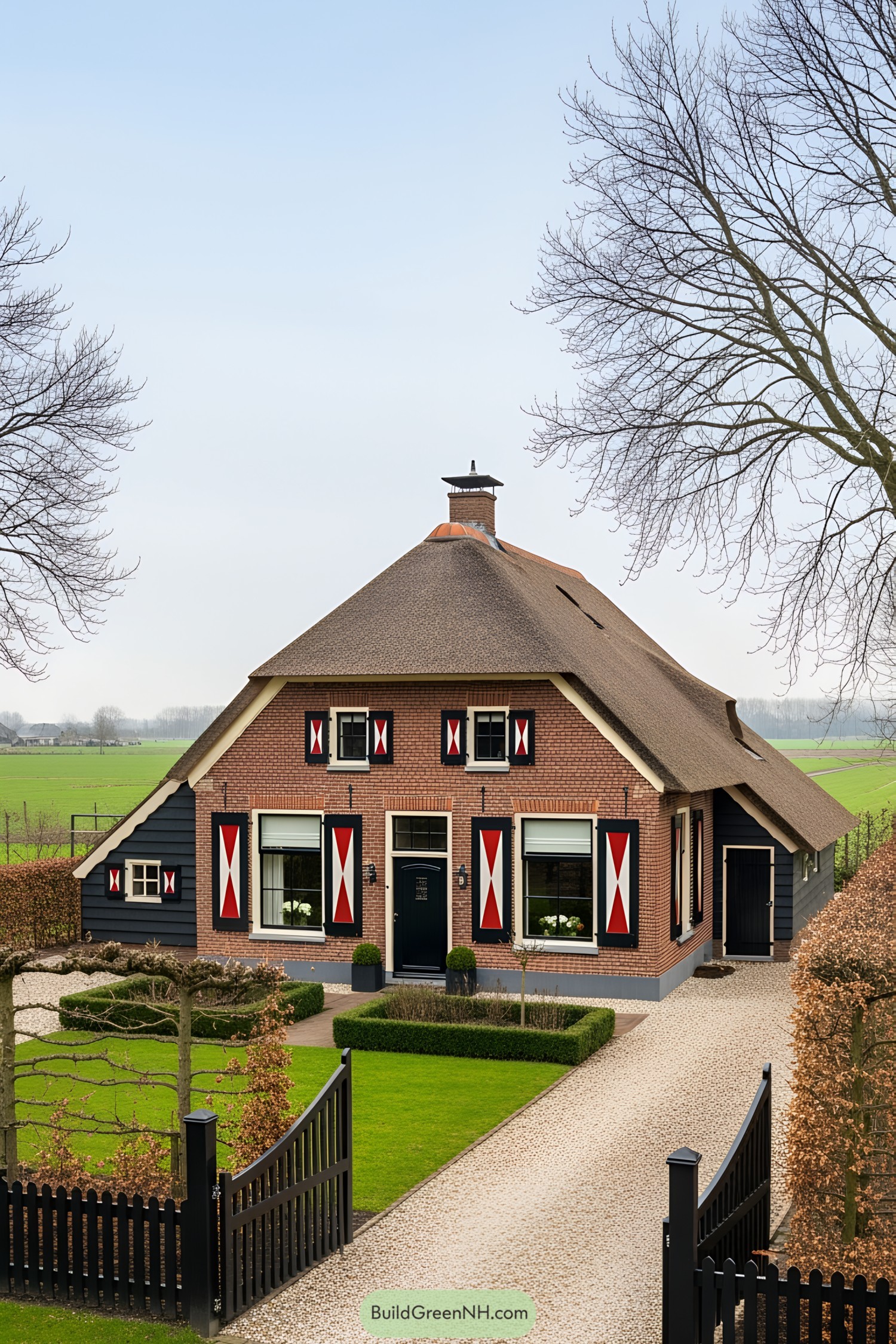 Charming Dutch farmhouse with red shutters and a thatched roof