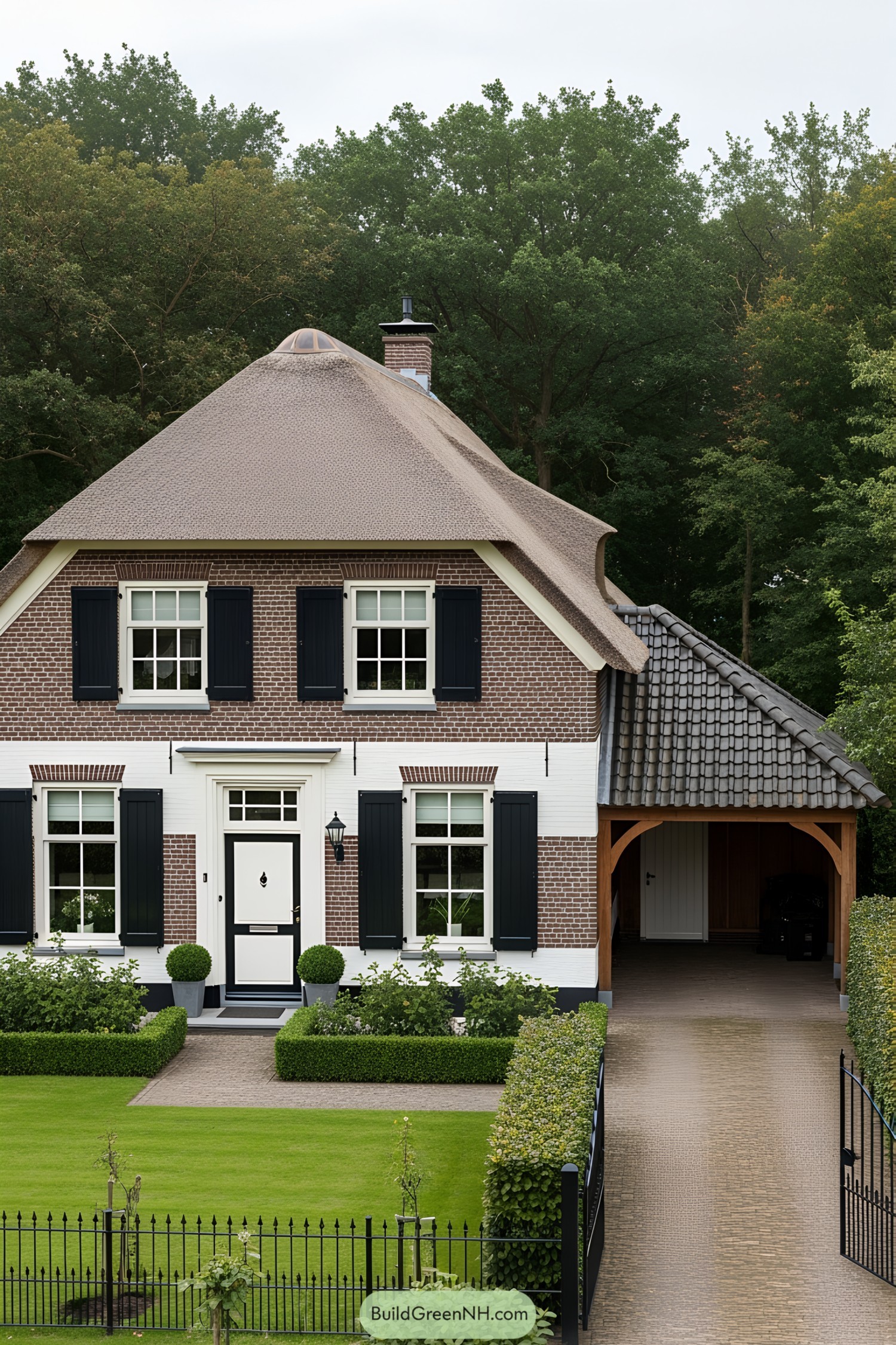 Charming Dutch farmhouse with black shutters and thatch roof