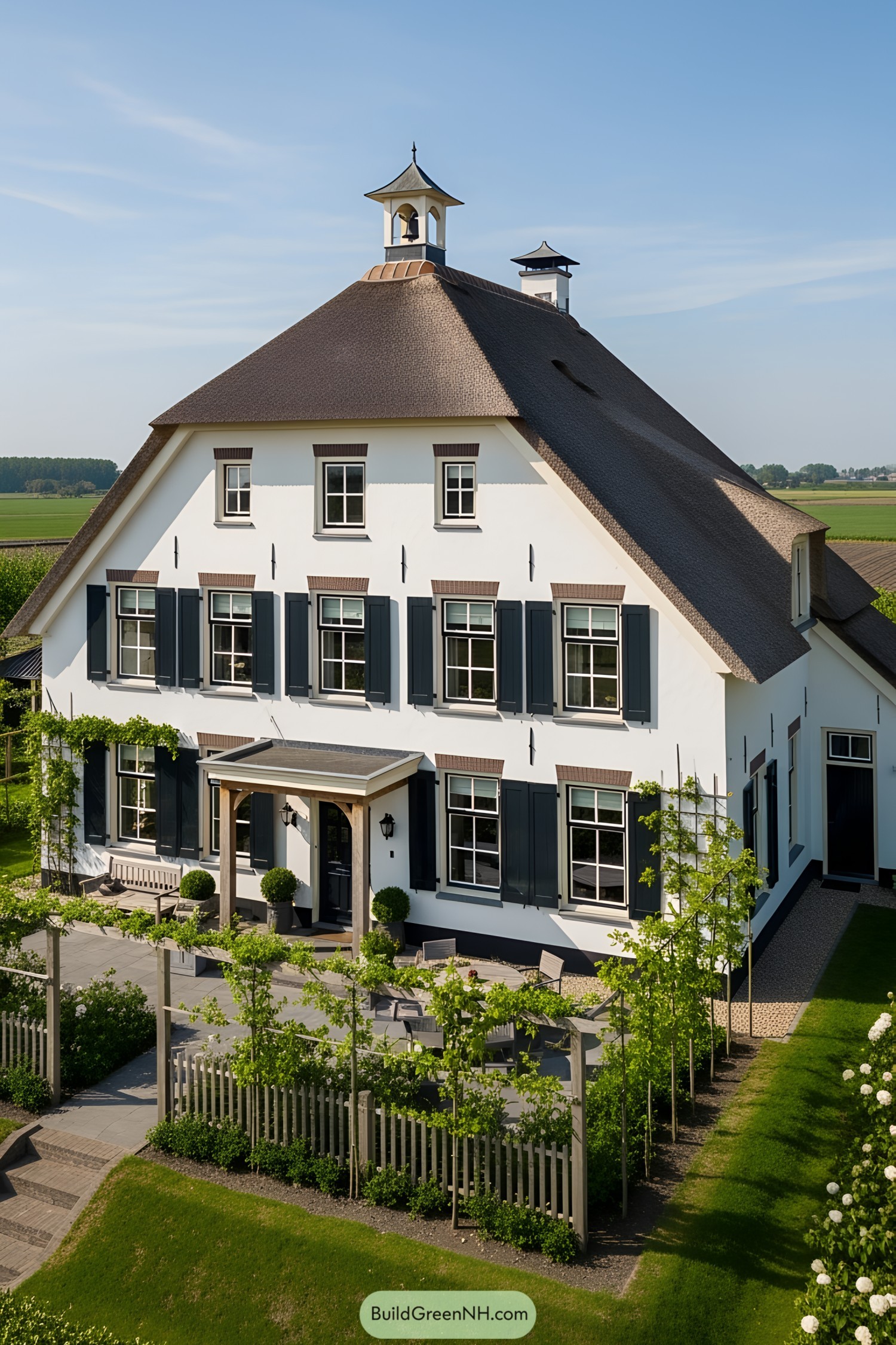 Picturesque Dutch farmhouse with a thatched roof and manicured garden