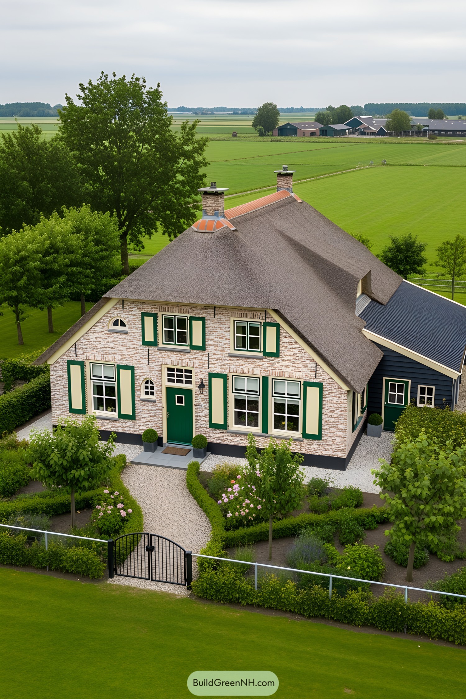 Charming farmhouse with vibrant green shutters and lush gardens