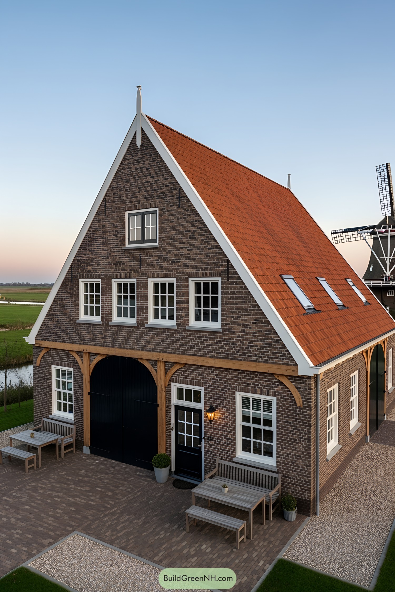 Charming farmhouse with red roof and rustic features