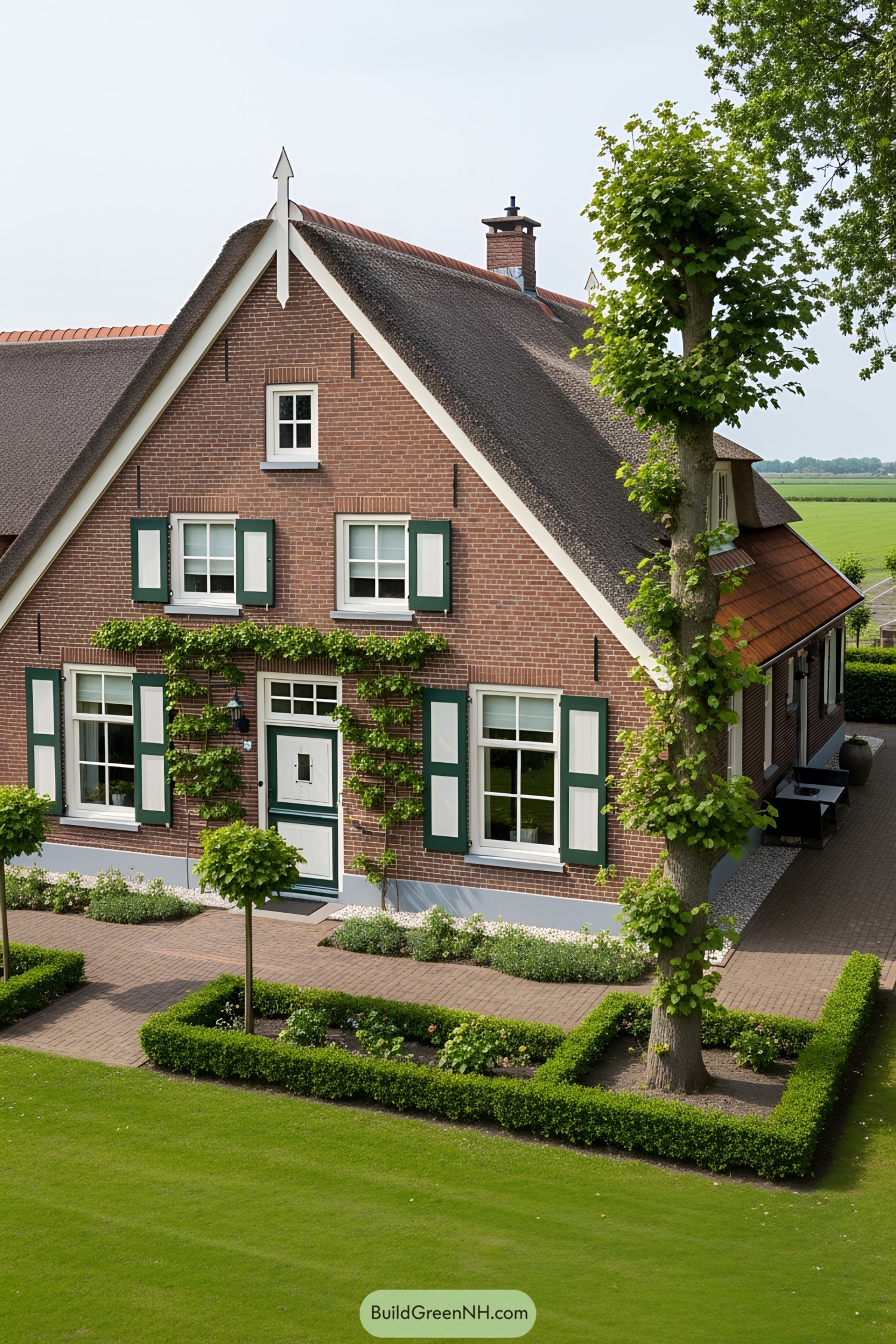 Brick farmhouse with green shutters and neatly trimmed garden